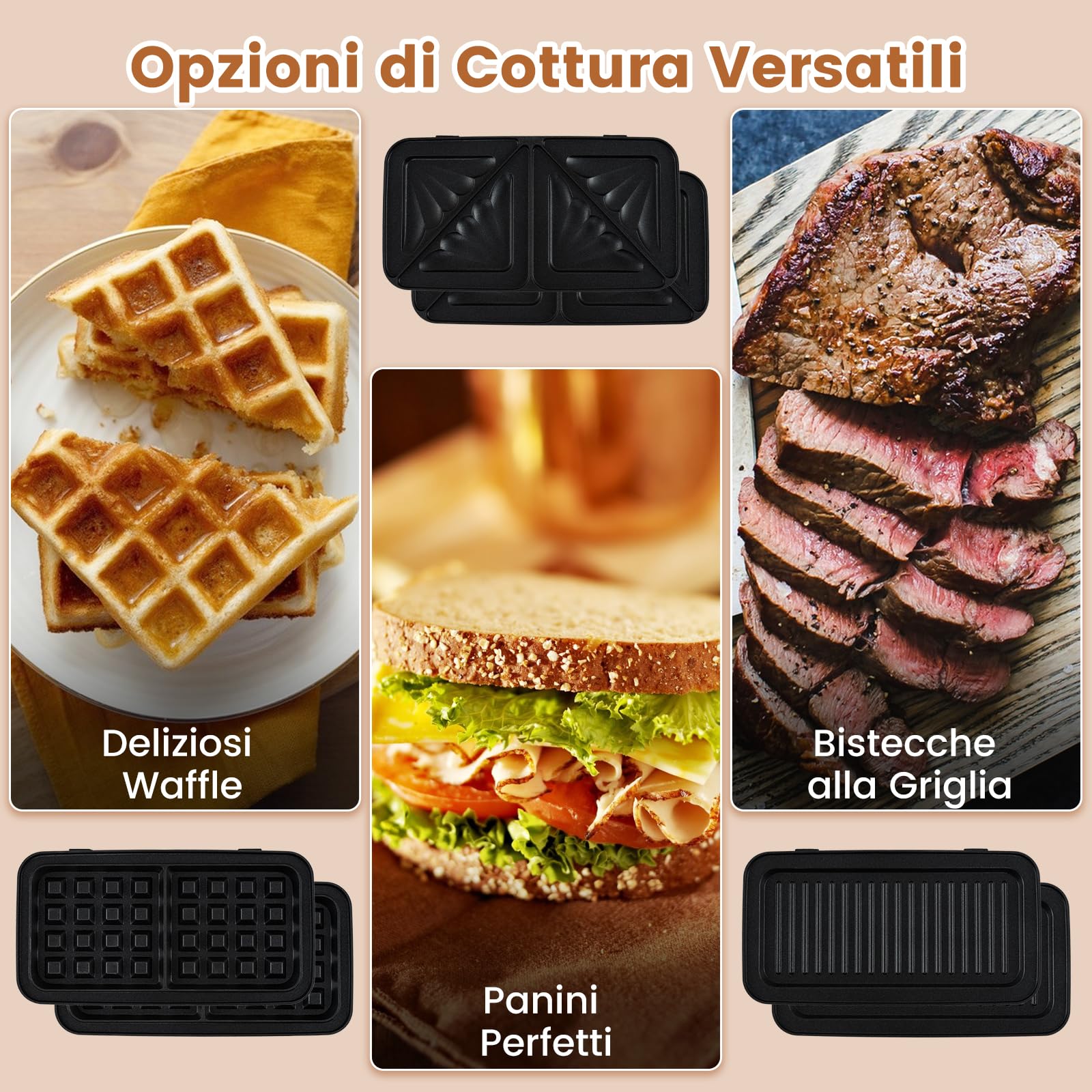 COSTWAY 3 in 1 Tostapane Piastra, Griglia Elettrica Rimovibile 1200W, con Spie Indicatrici e Manico Cool Touch, Riscaldamento Bifacciale con 5 Livelli di Temperatura, Piastra Antiaderente, 29x31 cm