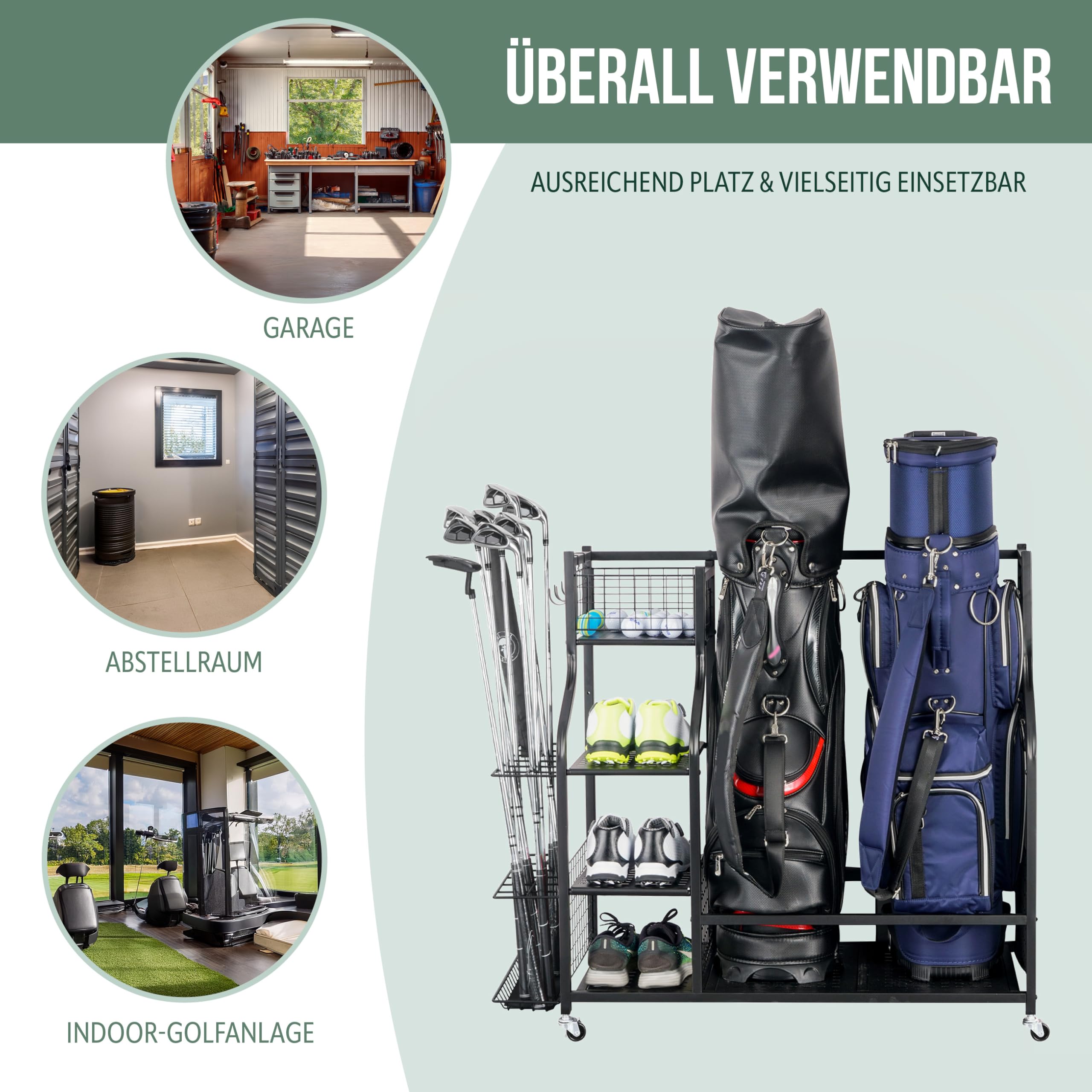 eluno Golftaschen-Organizer, Regalwagen mit stabilen Ablagefl�chen und K�rben, Aufbewahrungsregal passend f�r 2 Golftaschen und Golfausr�stungszubeh�r, Golftaschenhalter, aus schwarzem Stahl