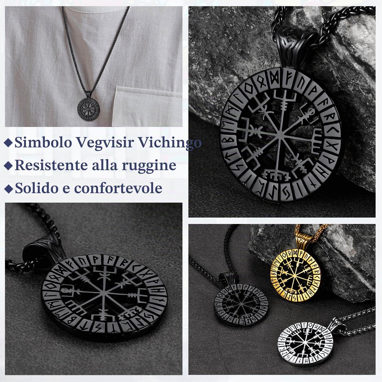 FaithHeart Bussola Vichinga Collana Runica Ciondolo Traforato Misteriose Rune Vichinghe Collana Uomo Acciaio Rune Cultura Vichinga in Argento Nero Oro Regalo