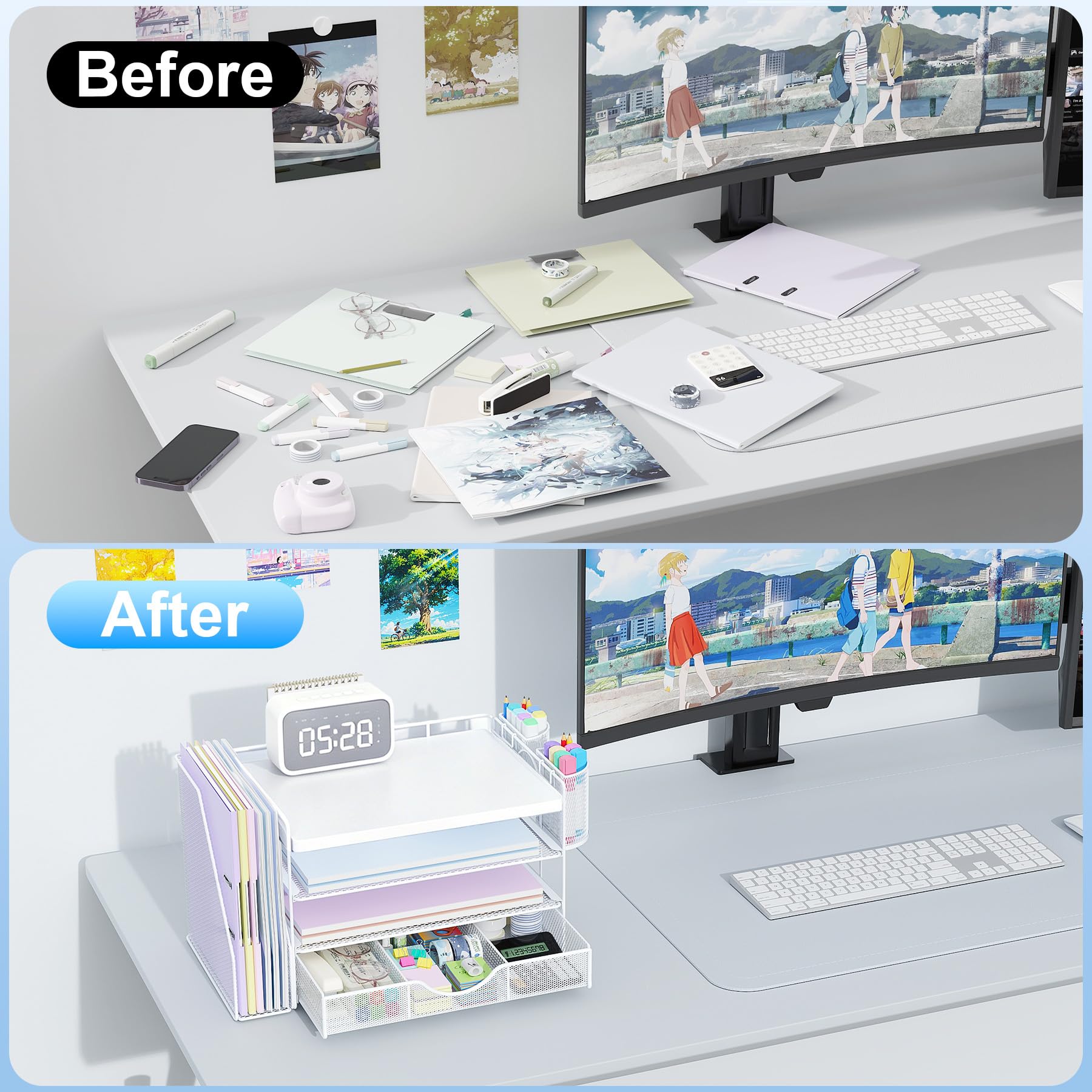 gianotter Wood Desk Organizers and Accessories with File Holder, 4-Tier Desk Accessories & Workspace Organizers with Drawer and 2 Pen Holder, Desk Reference Organizer (White, 4T with Metal Drawer) view 2