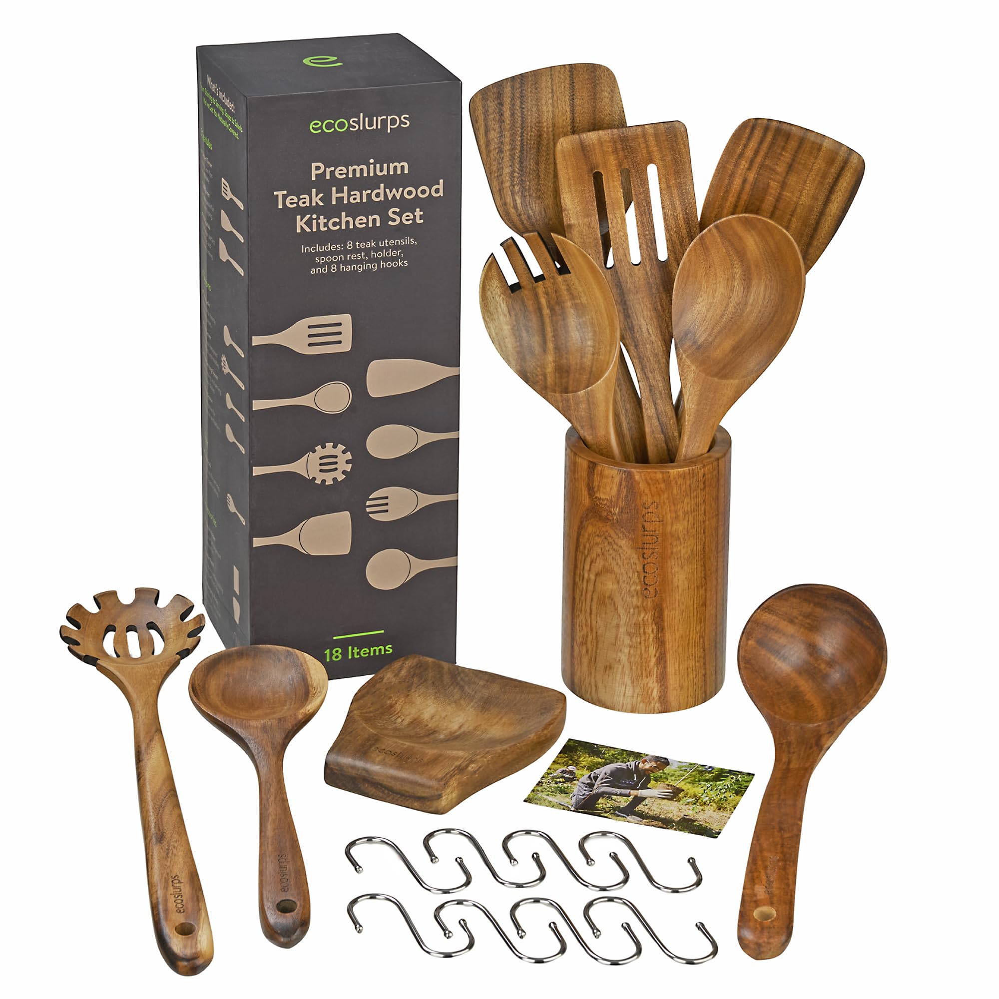 EcoSlurps Premium Teakholz Küchenhelfer Set - 8 Kochutensilien aus Holz, Löffelablage und Aufbewahrungshalter, 8 Haken zum Aufhängen, insgesamt 18-teiliges Luxus-Geschenkset (18)