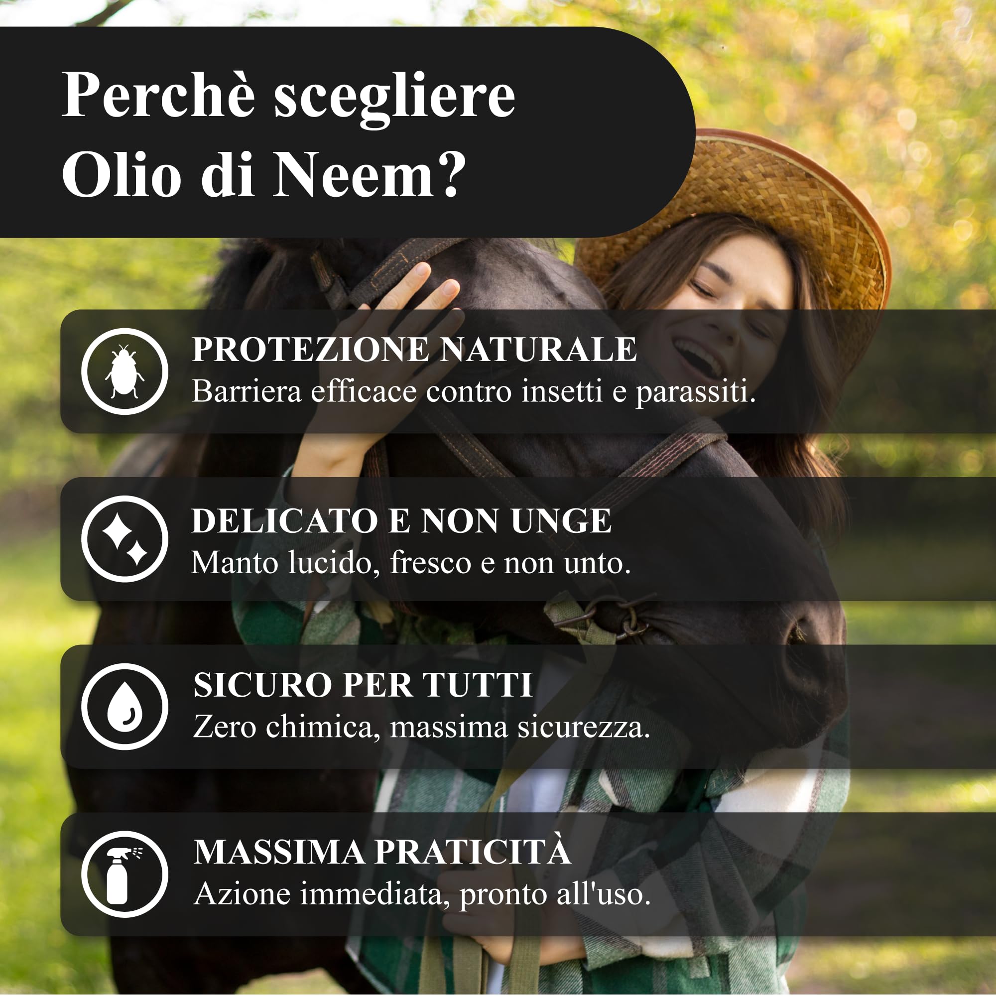 Huile de Neem Spray Chevaux 1L - Lotion Naturelle prête à l'emploi, Action Protection contre les Insectes et les Parasites, Non Onge, Doux sur le Mant, Hydrosoluble