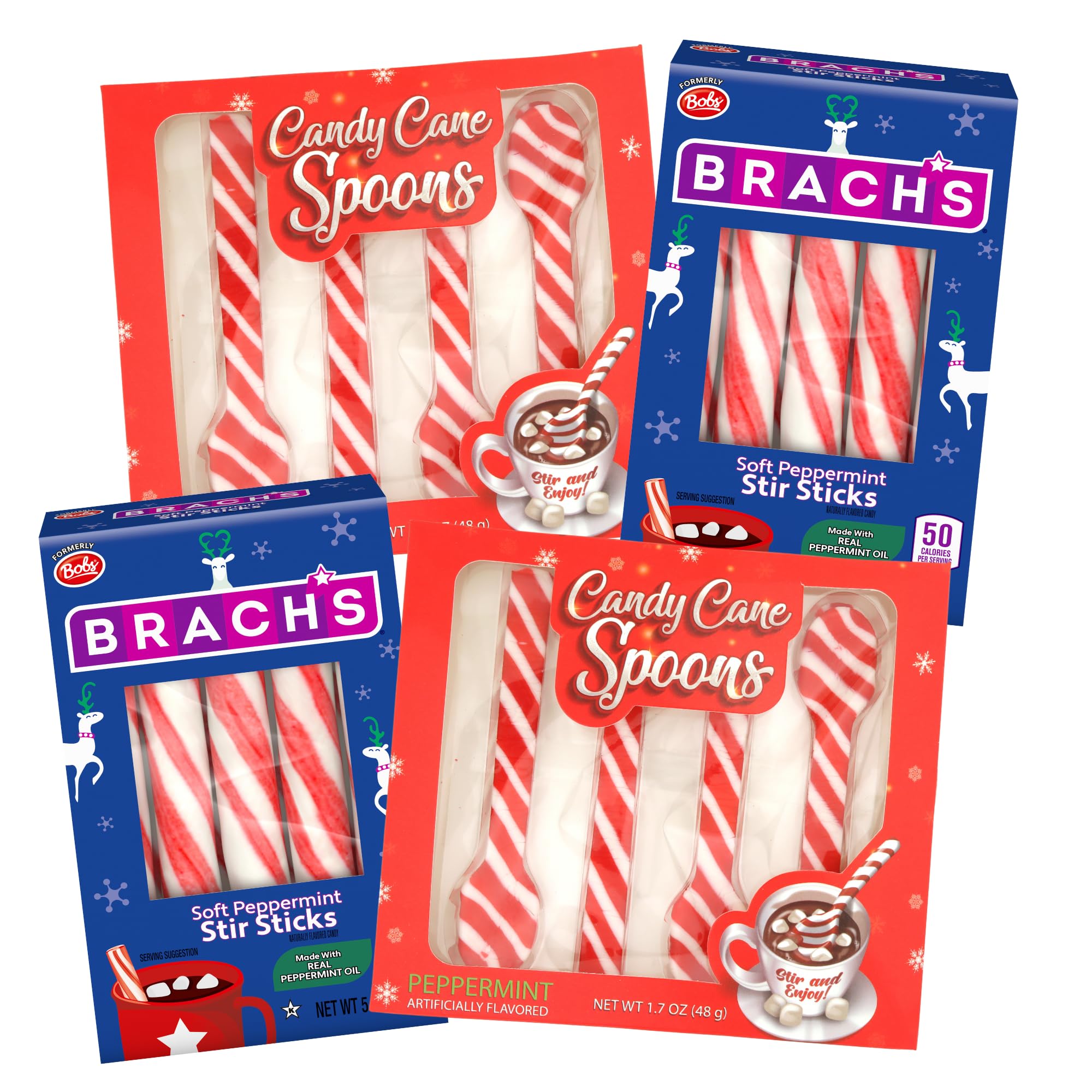 Sweetzo Christmas Peppermint Stir Sticks and Spoon, Candy Cane Flavored Mixers for Hot Chocolate, Coffees and More, Stocking Stuffer Treats, 1.7 and 5 Ounces (Pack of 4)