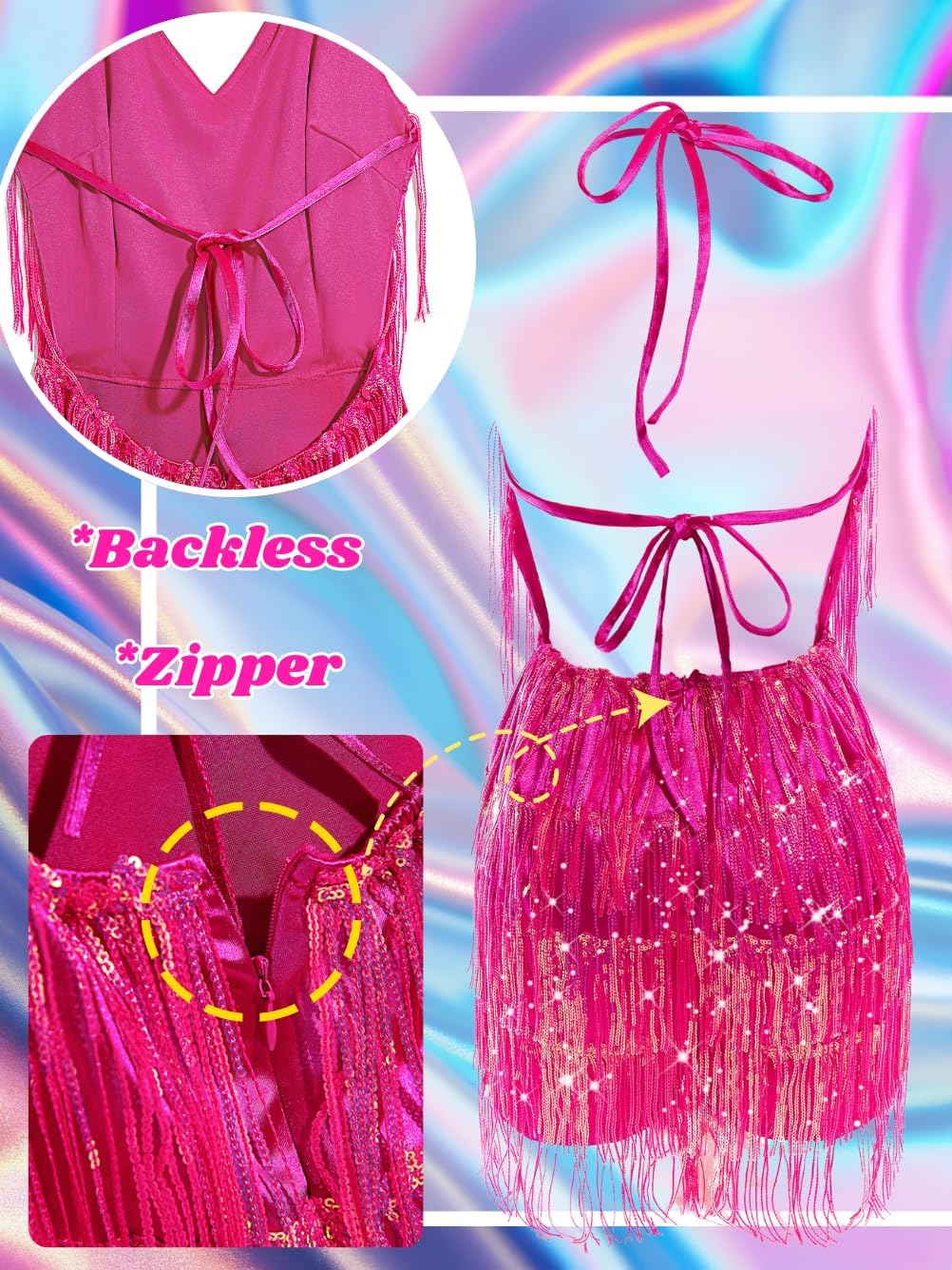 Kaei&Shi Sequin Fringe Romper,Sparkly Glitter Metallic Jumpsuits For Women,Backless Shorts Dress Disco Birthday Dance Outfit - Image 5