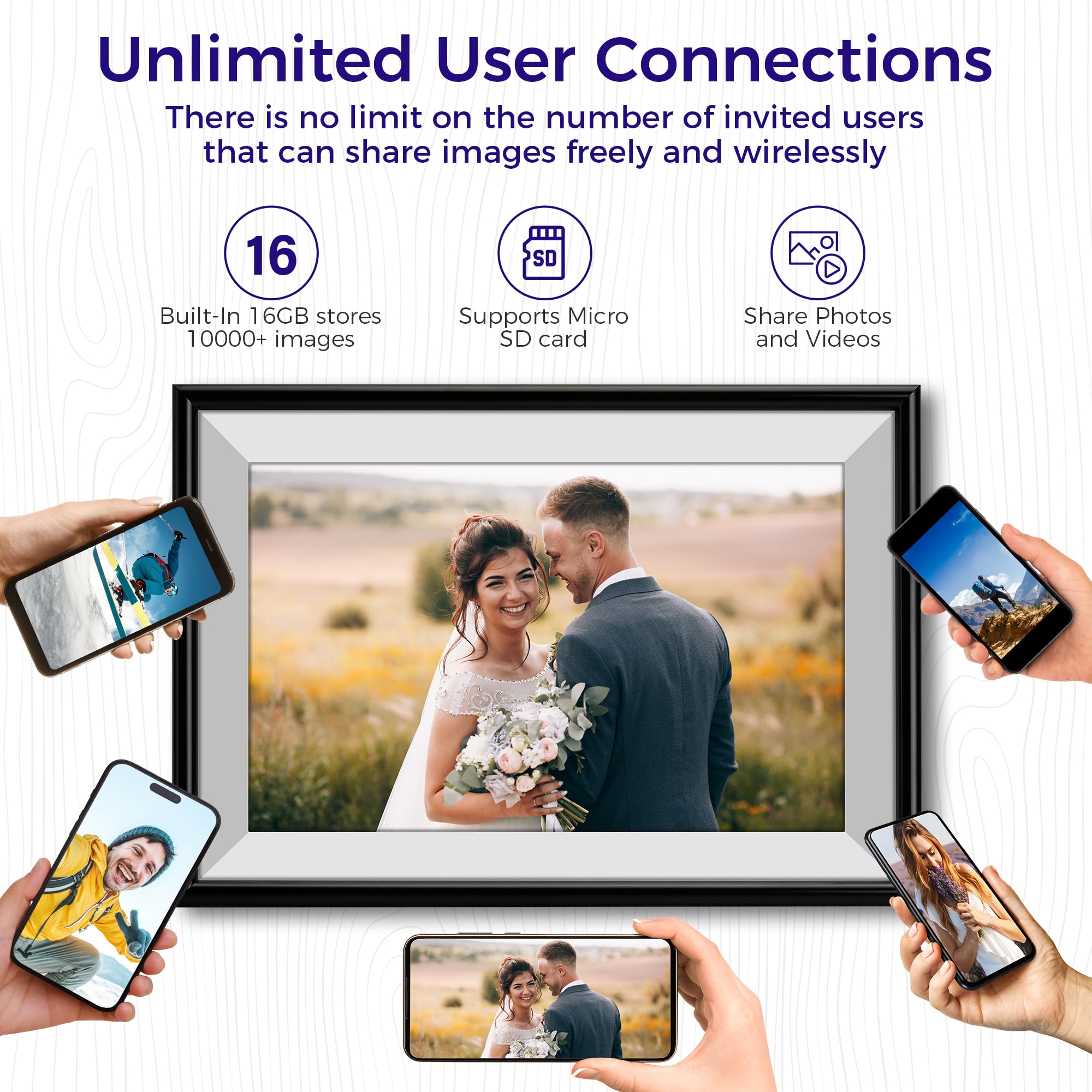 ELIME FRAMEO - Marco de fotos digital WiFi de 10.1 pulgadas con almacenamiento de 32 GB, pantalla táctil IPS de 1280 x 800, rotación automática, montaje en pared, marco de fotos virtual