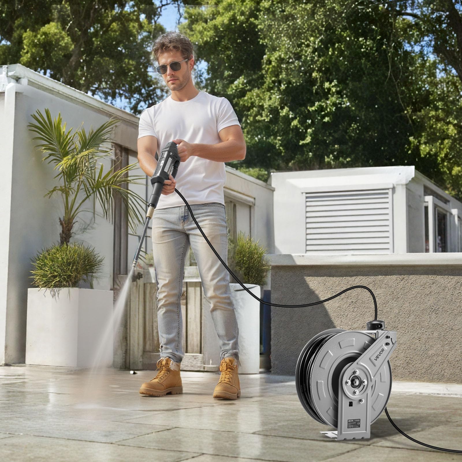 VEVOR Enrouleur de Tuyau pour Nettoyeur Haute Pression 19,8 m x 6,4 mm, Dévidoir Rétractable Acier, Montage sur Mur, Sol, Pression 220,6 bar, Enroulement Automatique pour Lavage Voiture, Sol, Jardin