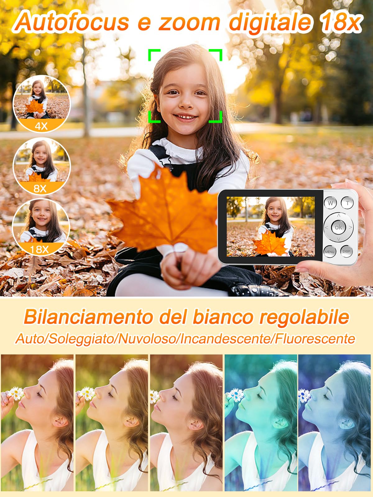 4K Fotocamera Digitale, 64MP Fotocamera Compatta con Autofocus e Zoom Digitale 18X, Schermo da 2,8", Registrazione Loop & Webcam, con Scheda SD da 32GB, Ideale per Vlog, Viaggi & Principianti