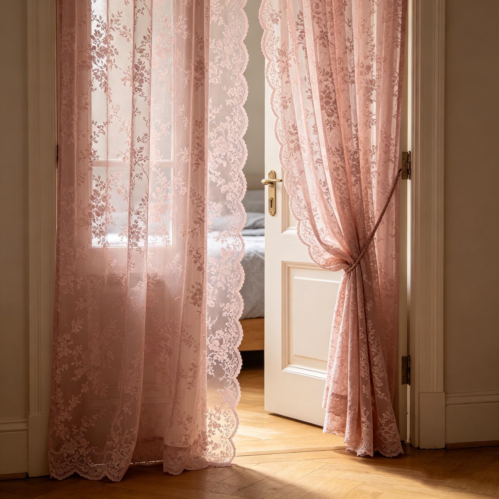 Lot de 1 Rideaux en Dentelle, Rideaux en Voile de Fenêtre À Fleurs Shabby Chic Filtrant la Lumière Passe-Tringle pour Salon Balcon Chambre(W280xH215cm/110x84inch)
