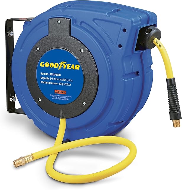 Goodyear Steel Retractable Air Compressor/Water Hose Reel Max. 300PSI (Enclosed Retractable 3/8" X 15M)