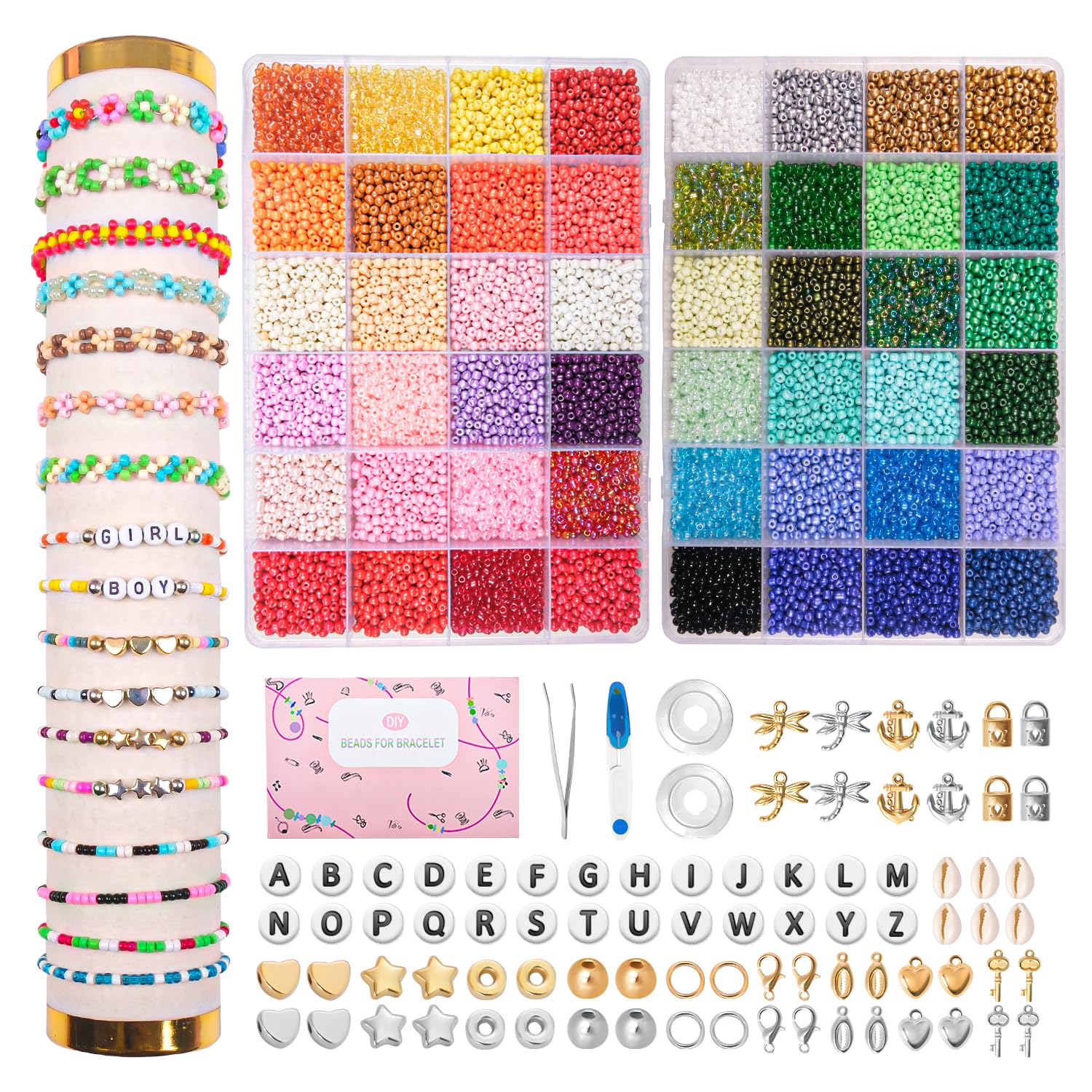JHWELRG Selber Machen Perlen für armbänder Perlen Set 3mm,16200 Stück 48 Farbe Matte Glasperlen mit Buchstaben Perlen zum Auffädeln, Geschenkidee für Weihnachten Feiertage Geburtstage Belohnungen