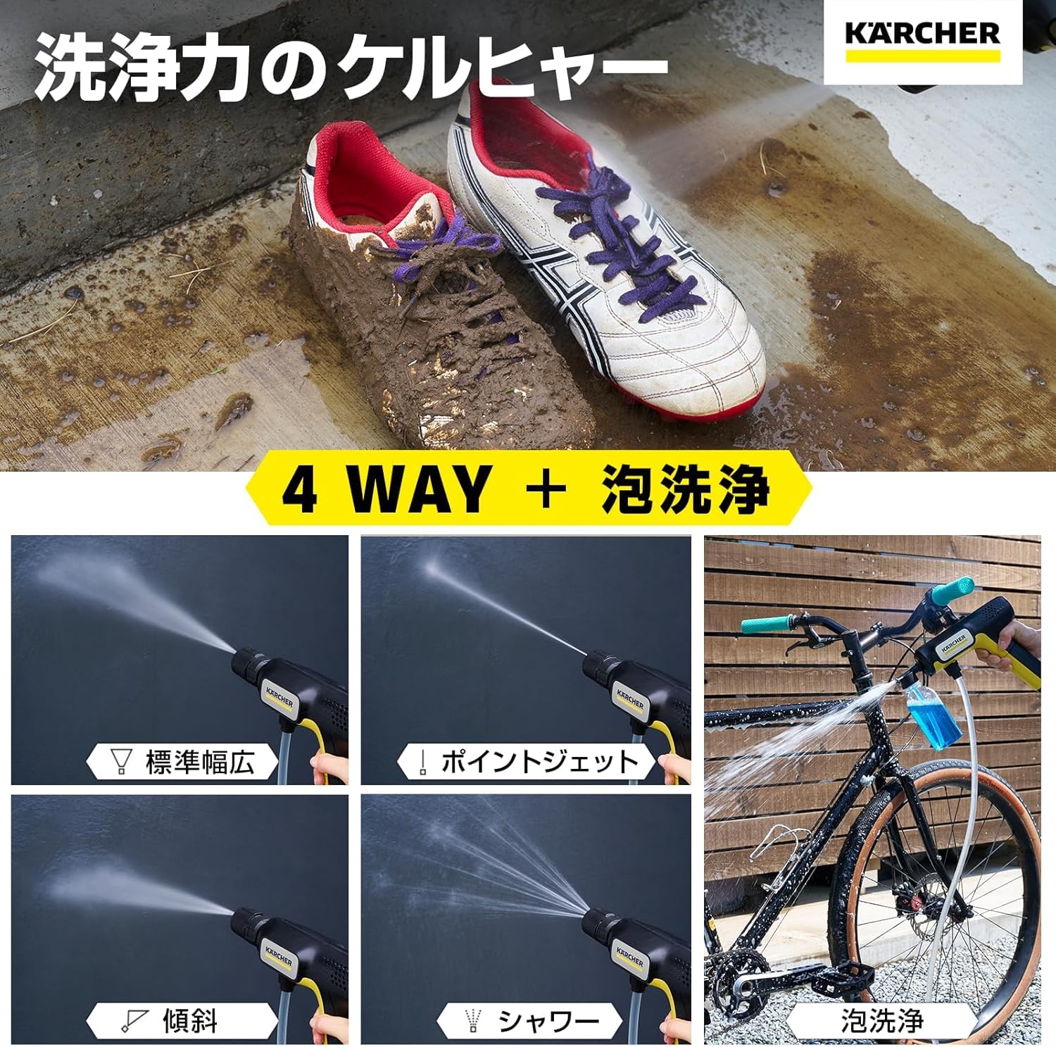 【Amazon.co.jp限定】ケルヒャー(Karcher) コードレス高圧洗浄機 OC Handy Compact Plus CB ハンディエア USB-C充電式(10W以上推奨) 水道接続不要/折りたたみバケツ付き 丈夫なホース 高性能4in1ノズル バッテリー一体型 ペットボトル使用可能 簡単セットアップ/モバイル コンパクト 軽量/洗車 ベランダ 玄関 1.328-124.0 - 3