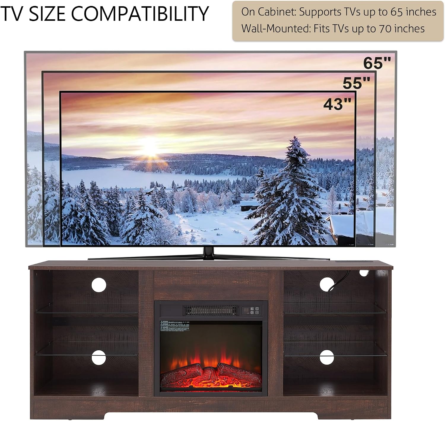 58-inch Electric Fireplace TV Stand with Built-in Heater — Media Console with Storage, Customizable LED Fireplace, Remote, Outlets & USB
