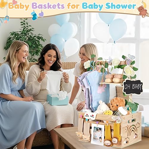 Miniatura 7 de Armario de madera para baby shower con asa, perchas y guirnalda, cesta de bebé de gran capacidad para baby shower, caja de madera personalizable