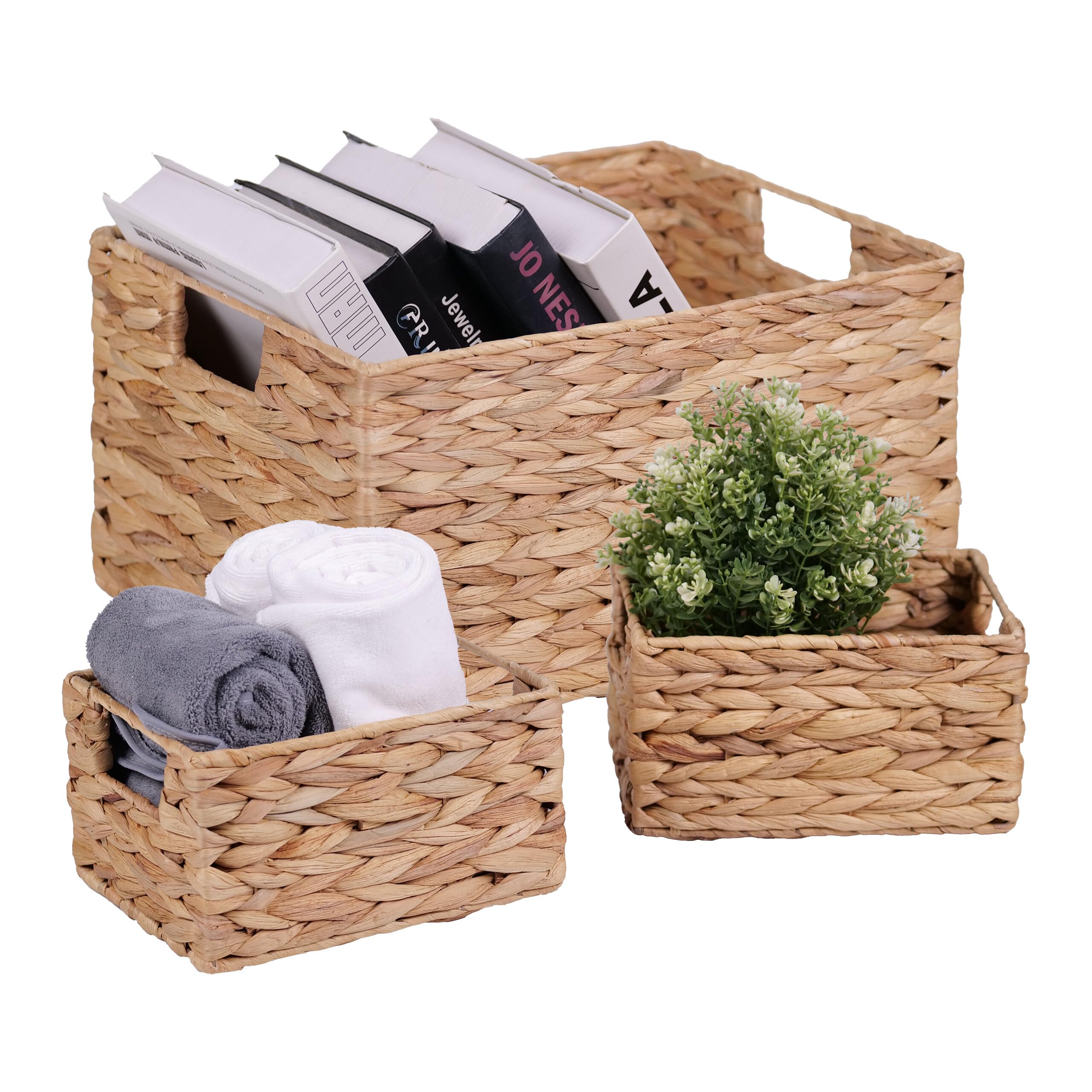 Relaxdays Aufbewahrungskorb, 3er Set, Wasserhyazinthe, 2 Größen, Badezimmer & Deko, geflochtene Utensilienkörbe, natur