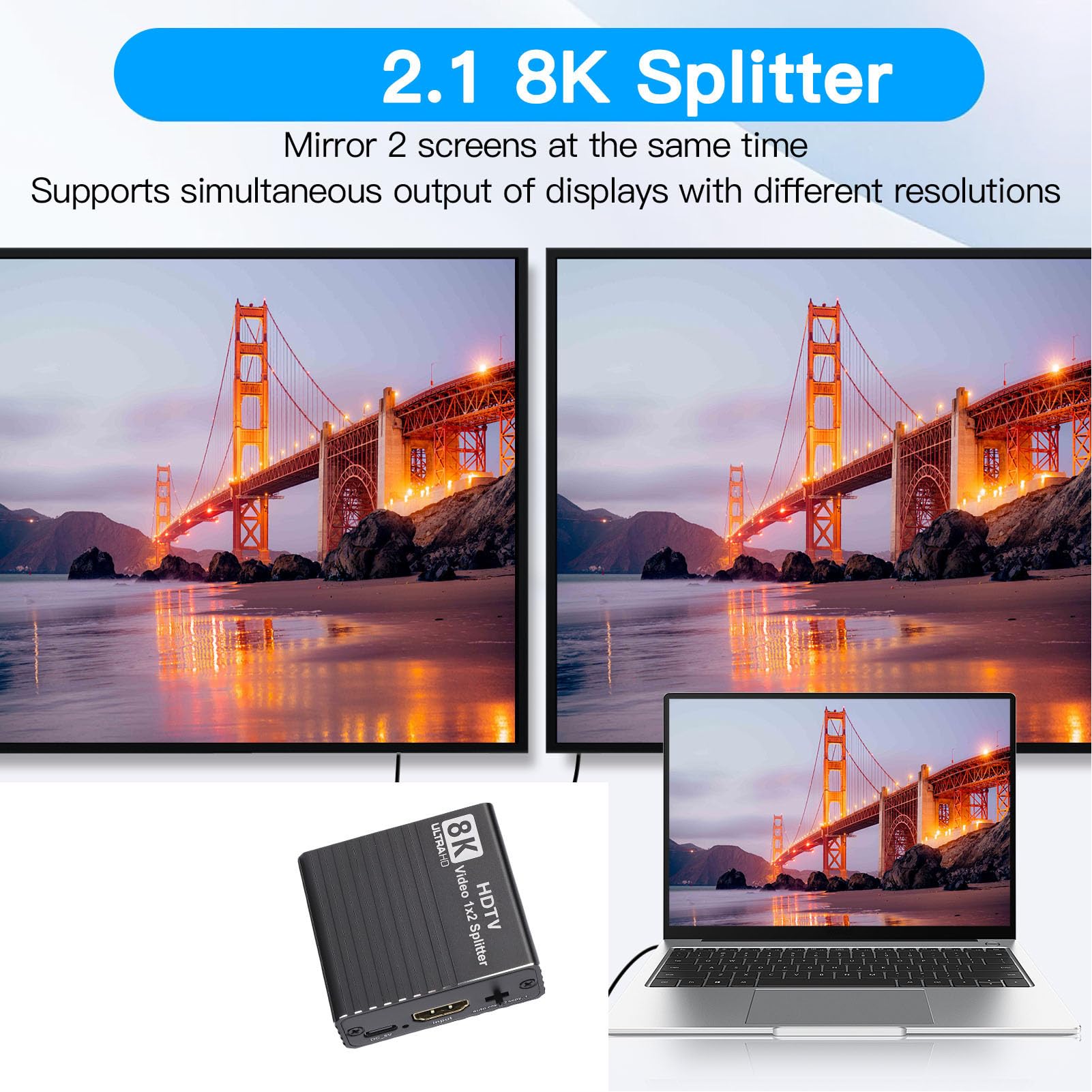 Bewinner Splitter di Interfaccia Multimediale HD 8K 1 Ingresso 2 Uscite, Supporto HDMI 2.1 8K 60Hz 4K 120Hz 1080P 240Hz, EDID 3D, Doppio Display per Home Theater da Gioco