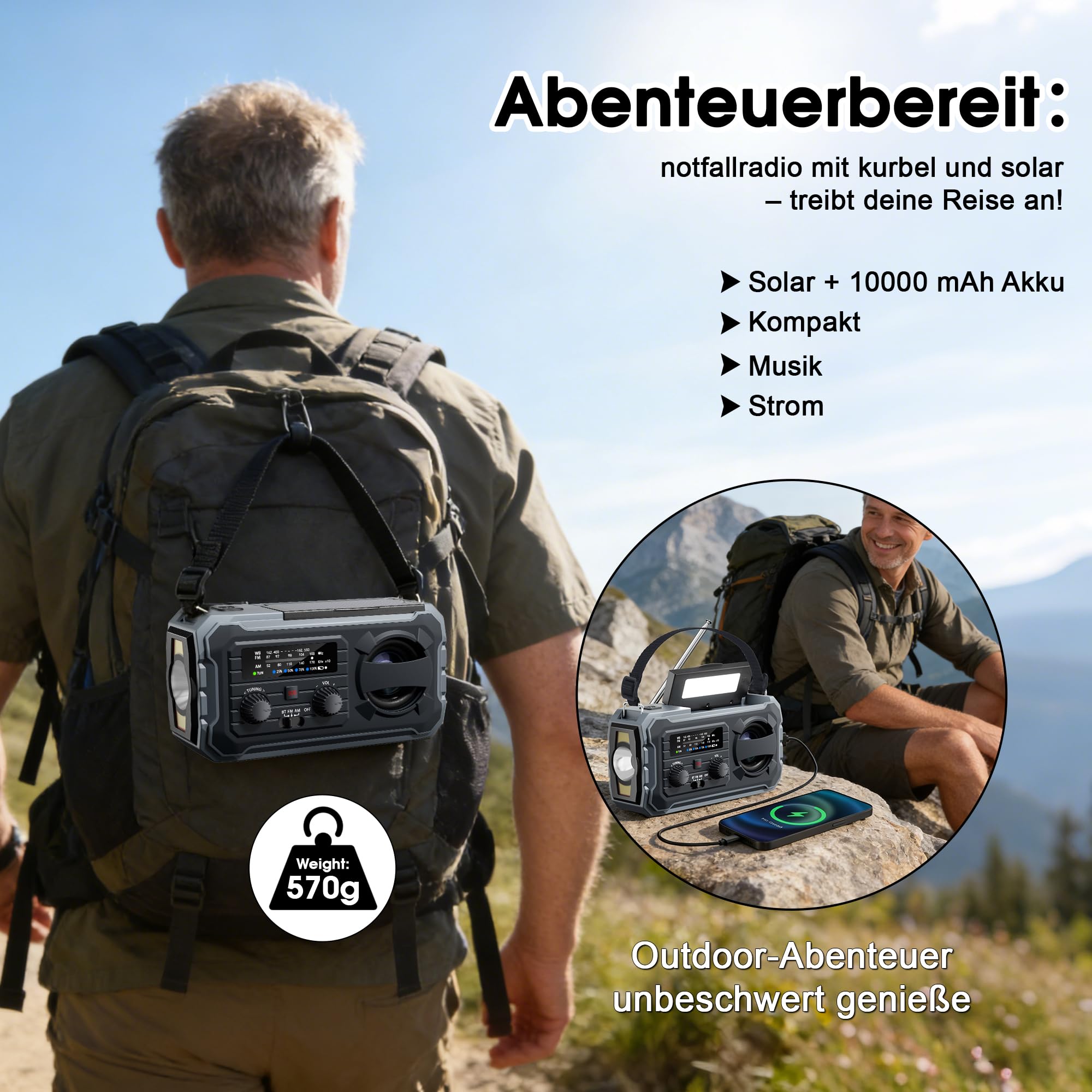 FIVAVA Radio de manivela, radio solar portátil con AM/FM, banco de energía de 10000 mAh, radio de emergencia con alarma SOS, linterna LED, generador de manivela y puerto USB para camping, ourdoor