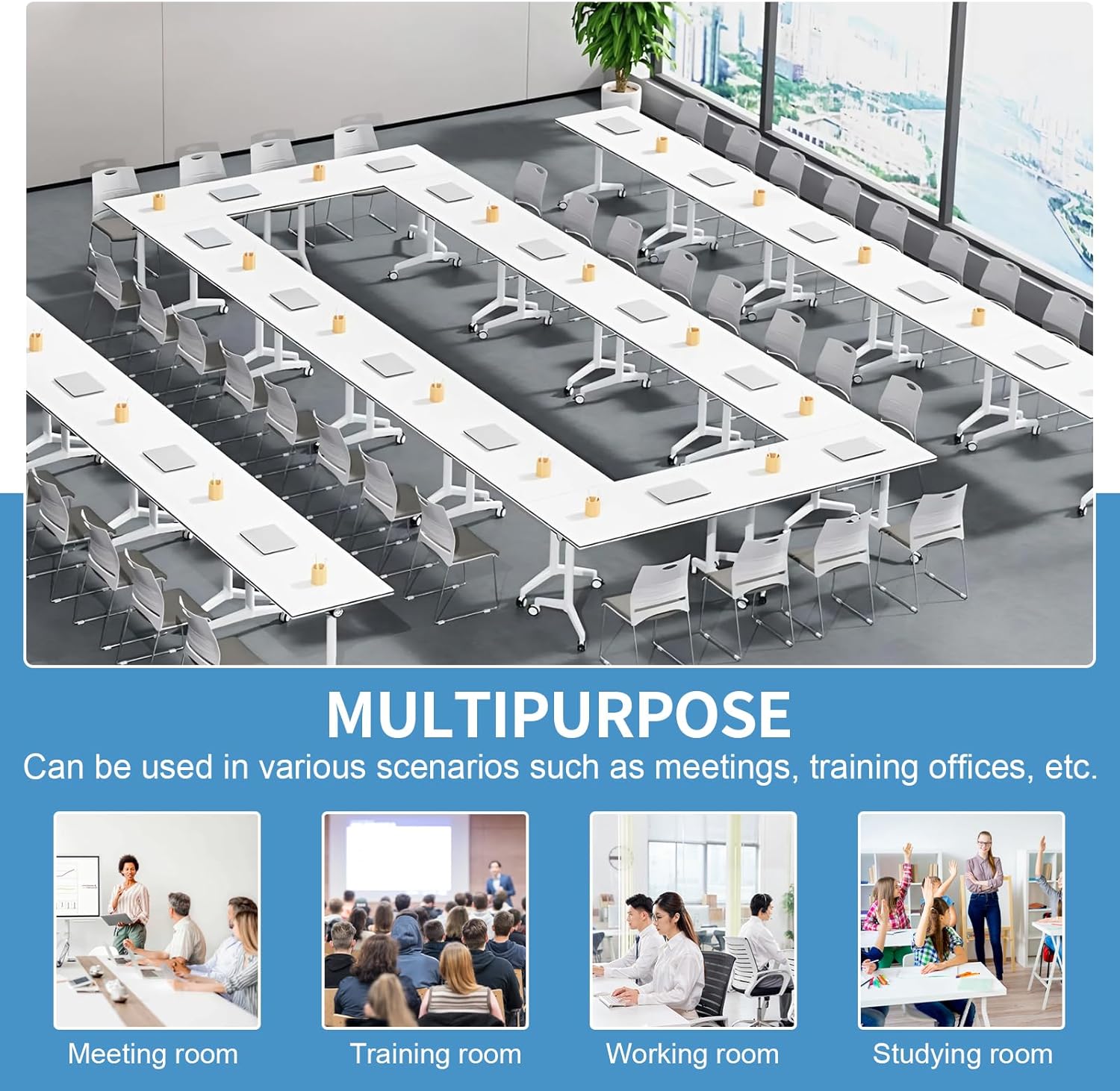 Folding Conference Table, Mobile Conference Room Table with Wheels, Flip Top Foldable Training Tables Business Seminar Modular Meeting Table(4, 55")