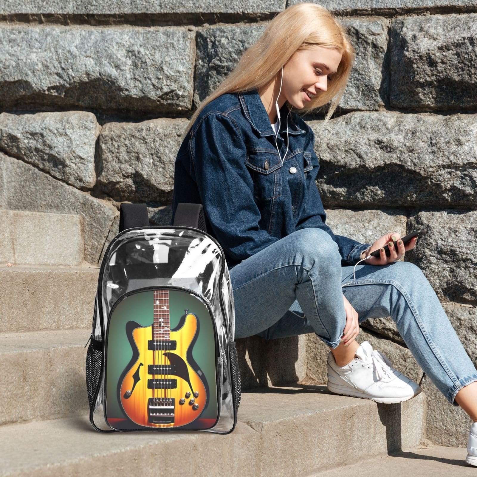 Gitara basowa muzyka instrumenty muzyczne nadruk kobiety mężczyźni dzieci przezroczysty plecak zestaw szkoła podróż przezroczysty 3-częściowy pojemnik na lunch