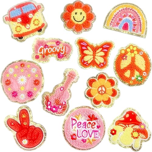12 parches de felpilla para planchar con purpurina, estilo bohemio, hippie y retro, parches bordados con purpurina, arco iris, mariposa, margarita,