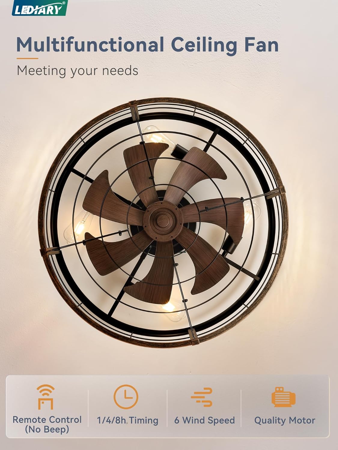 LEDIARY 26" Caged Ceiling Fan with Light and Remote, Low Profile Flush Mount Fandelier, Black Gold Bladeless Enclosed Small Fan Lights Ceiling Fixtures, Rustic Farmhouse Style for Bedroom, Outdoor