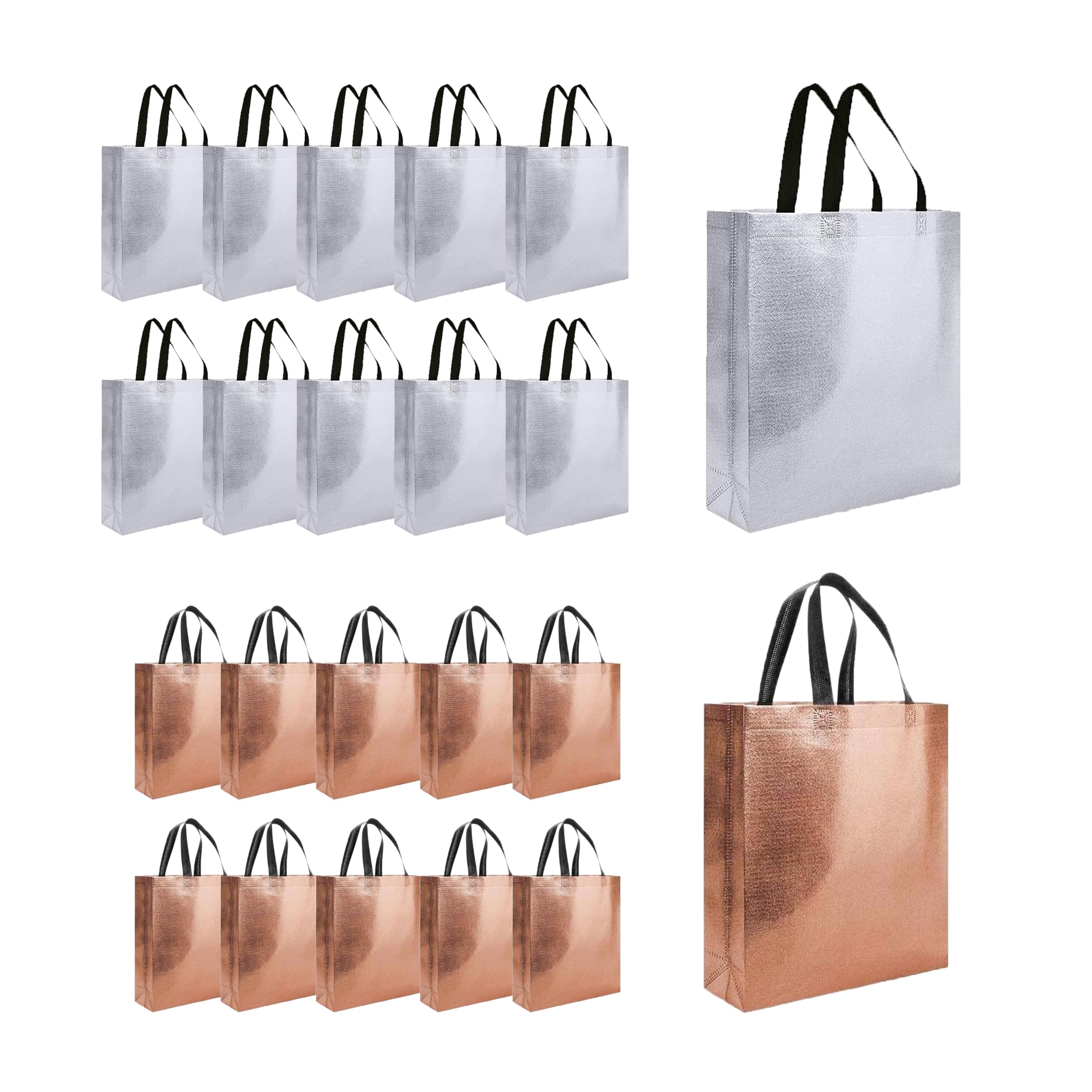 Evafly Gift Bag Medium Size Pack of 20 : L13 x W12 x D4 inch|Resuable Non-Woven Shiny Metallic Laminated|Return Gift For Haldi/Wedding Favours/Baby Shower/Birthday - Silver + Copper