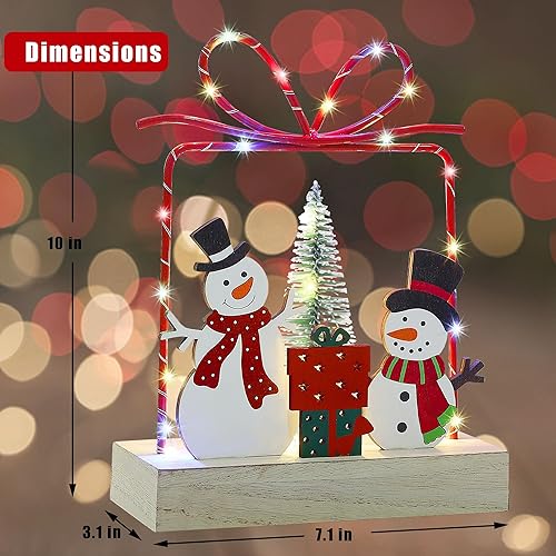 Miniatura 2 de Lulu Home Decoración de mesa de Navidad, cajas de regalo de muñecos de nieve de Navidad preiluminados de madera, adorno con marco de metal, funciona