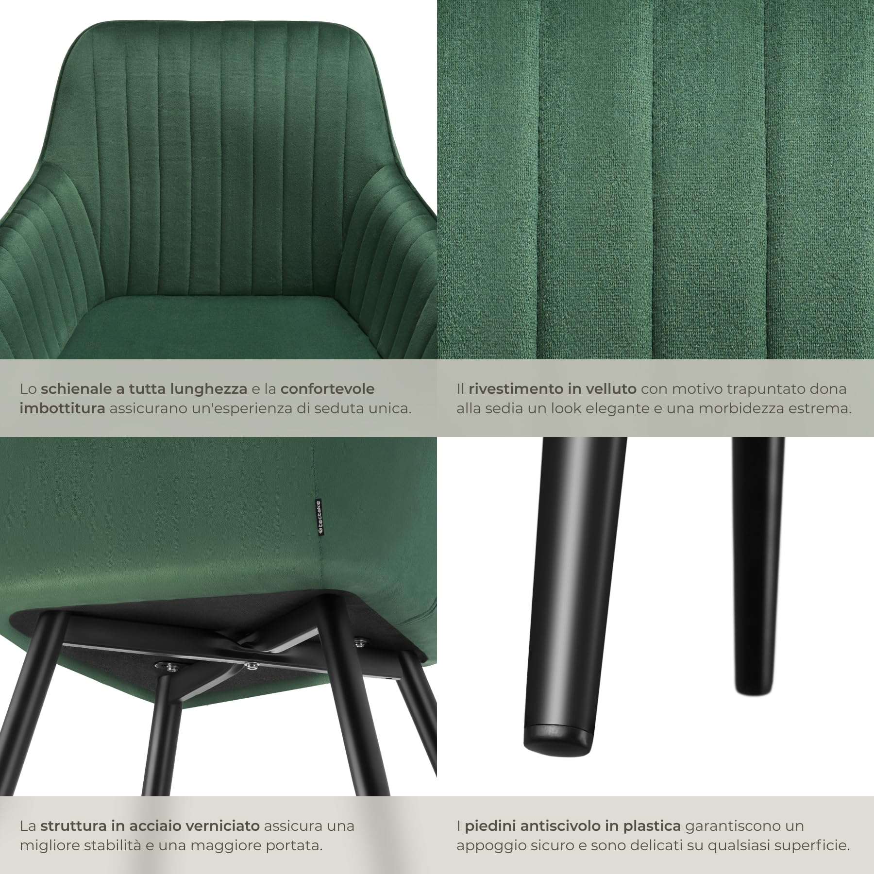 tectake® Sedie da Pranzo Effetto Velluto Trapuntato, Elegante, Imbottitura Schiuma Alta Densità, Gambe in Acciaio, Montaggio Semplice - Verde Scuro/Nero, 1 Sedia