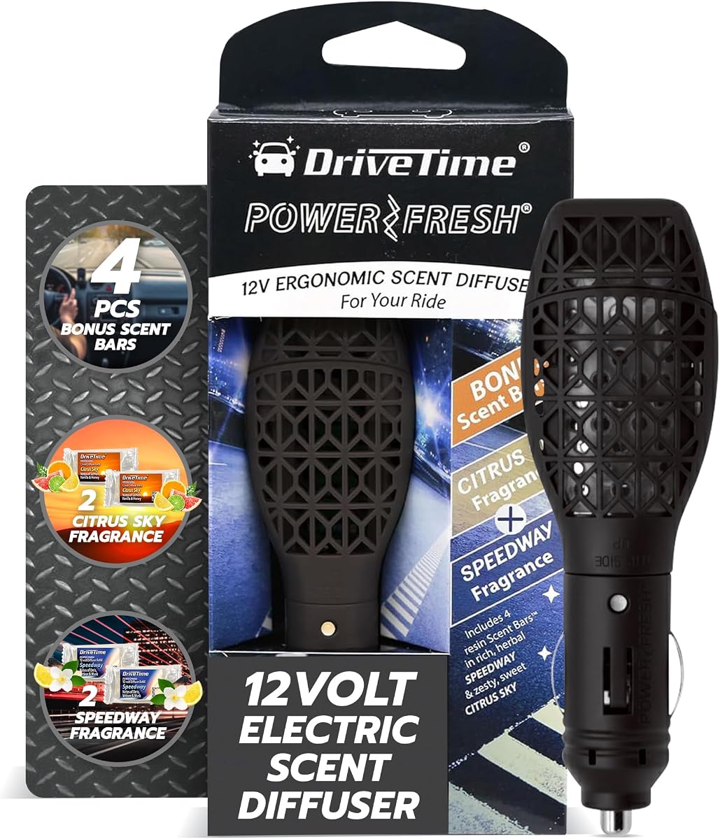 Drive Time Reusable 12V Plug-in Car Air Freshener Refill – Power Fresh, Auto Shut-Off, Plug-In Convenience, No Batteries Needed – Includes 4 Scent Bars for Up to 30 Days of Freshness