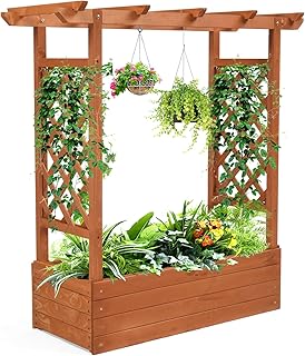 VINGLI Raised Garden Bed with Trellis & Hanging Roof, Wooden Garden Bed,...