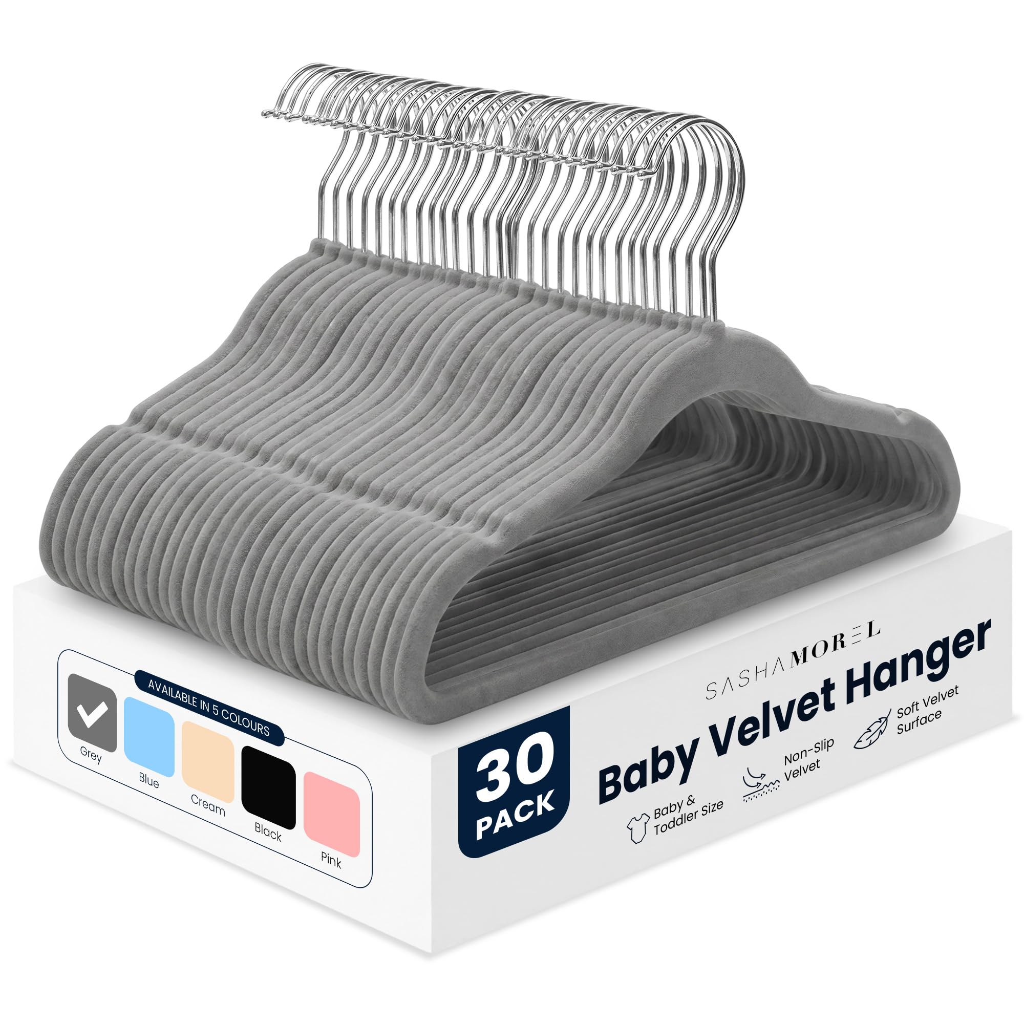 Sasha Morel Baby Velvet Hangers for Clothes 30 Pack - Non-Slip, Grey