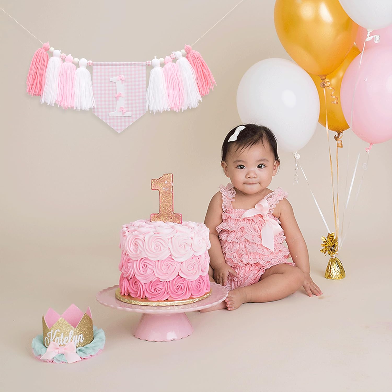 Pink Bow 1st Birhday High Chair Banner for Girls - Pink and White Gingham Tassel Highchair Banner, Coquette Girl 1st Birthday Decor, Girls Just Wanna Be One Bday Decorations - Image 3