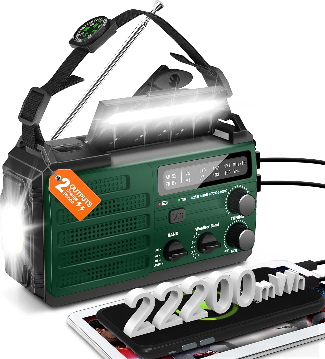 Hand Crank Emergency Radio, 6000mAh/22200mWh Solar AM FM NOAA Weather Alert Radio, 3-Mode Flashlight, Reading Lamp, SOS Alarm, Phone Charger for Winter Storm and Emergency