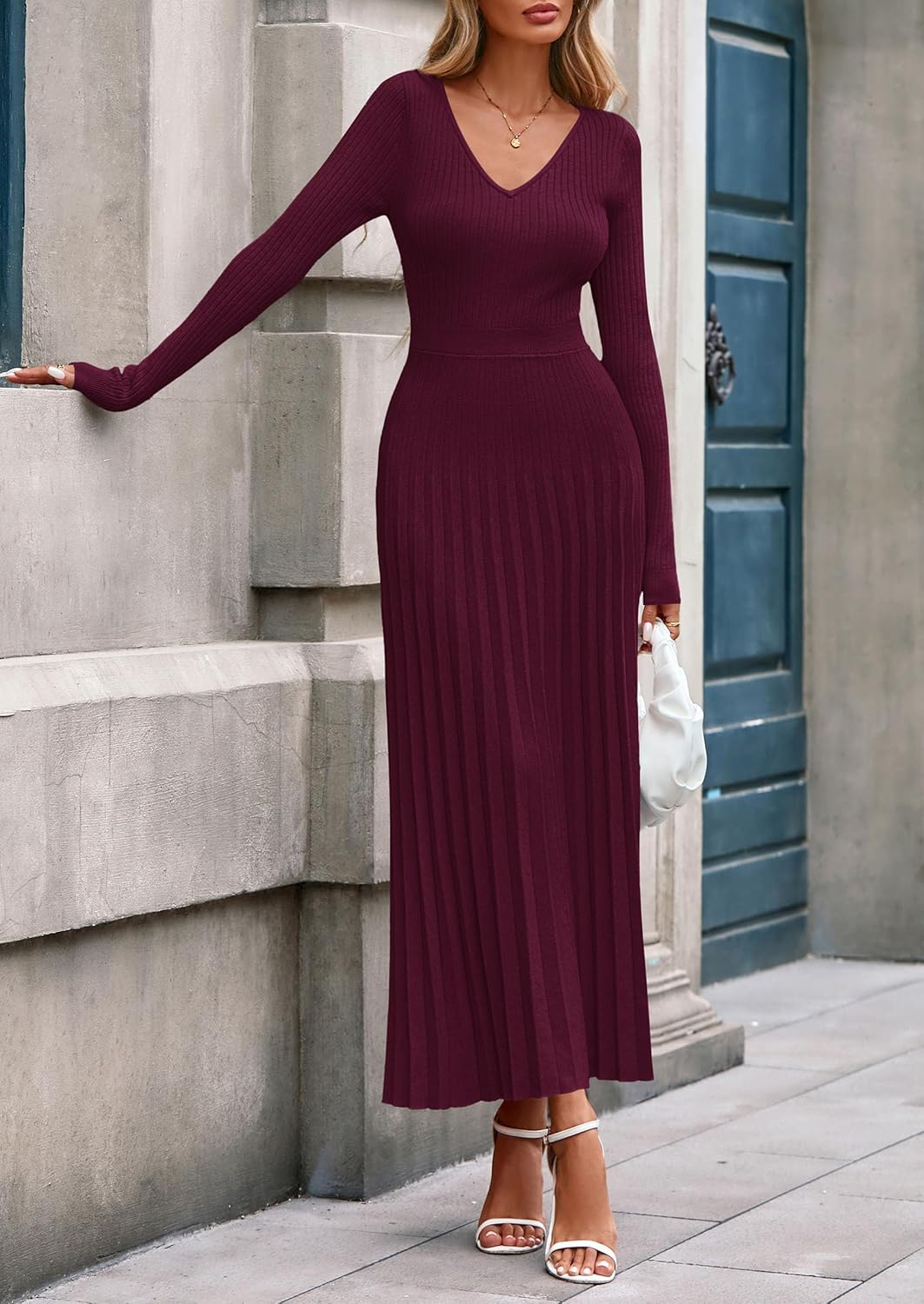 PRETTYGARDEN Women Sweater Dress Fall Fashion 2026 Long Sleeve V Neck Ribbed Knit Pleated A Line Elegant Maxi Winter Dresses - Image 6