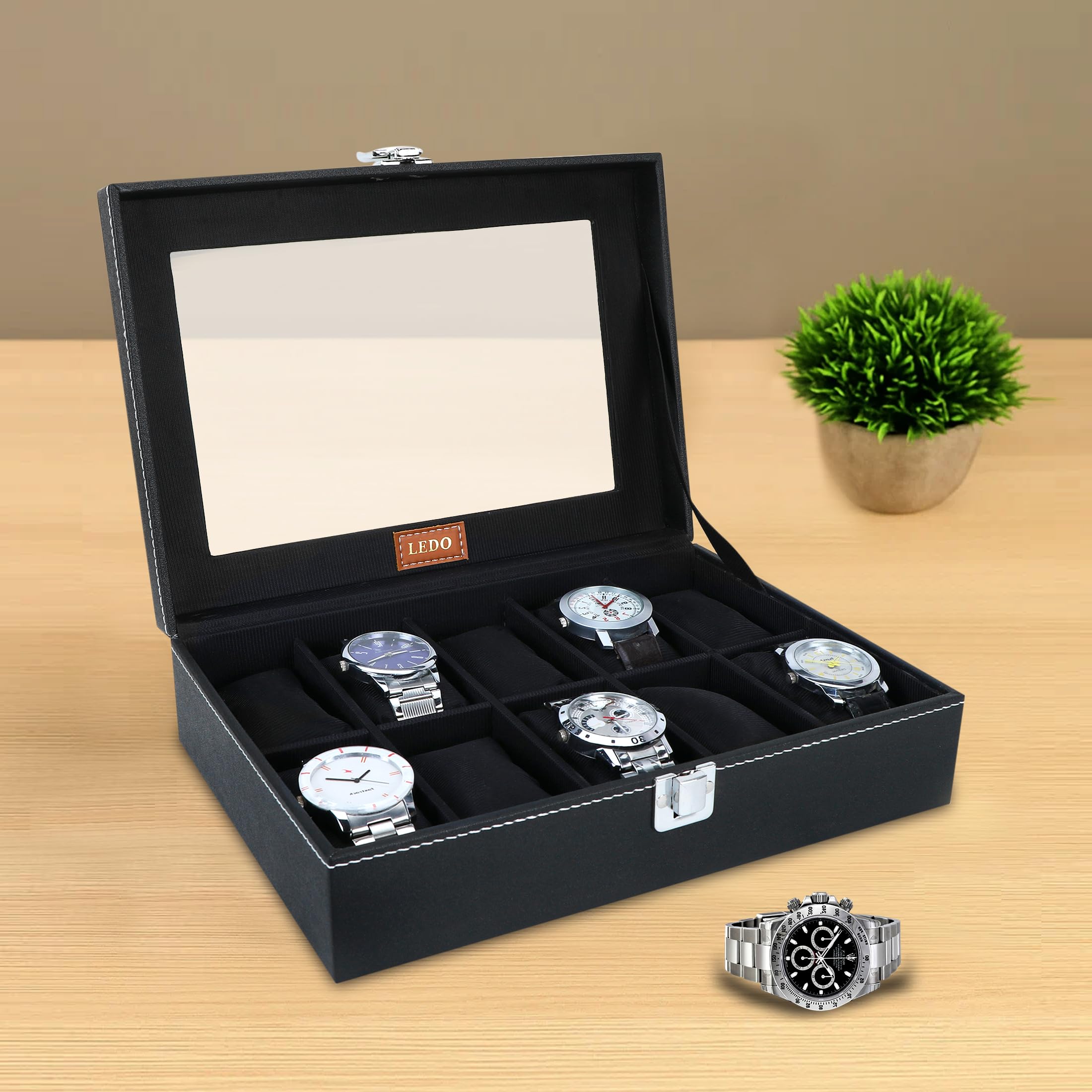 LEDO Leather Men's And Women's Watch Box Organizer Case In 10 Slots Of Watches In Black Color (Blackandblack)