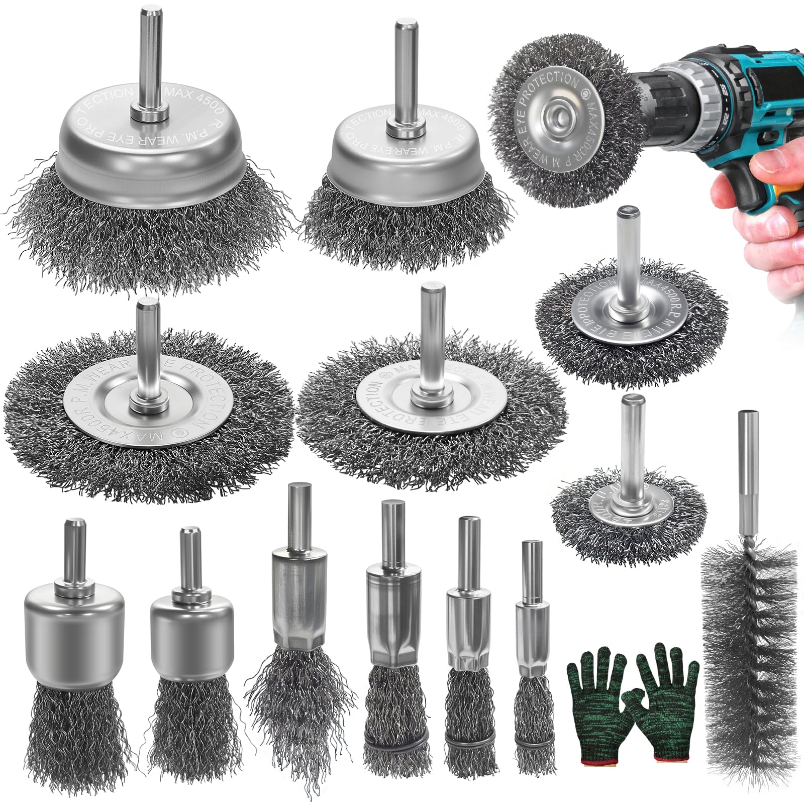 YADODO 13PCS Wire Brush for Drill Rust Removal Set with 1/4 Hex Shank Gloves Metal Pen Cup Wire Wheel Brush Drill Attachment for Angle Grinder Steel Wire Brushes for Cleaning Rust Paint Wood