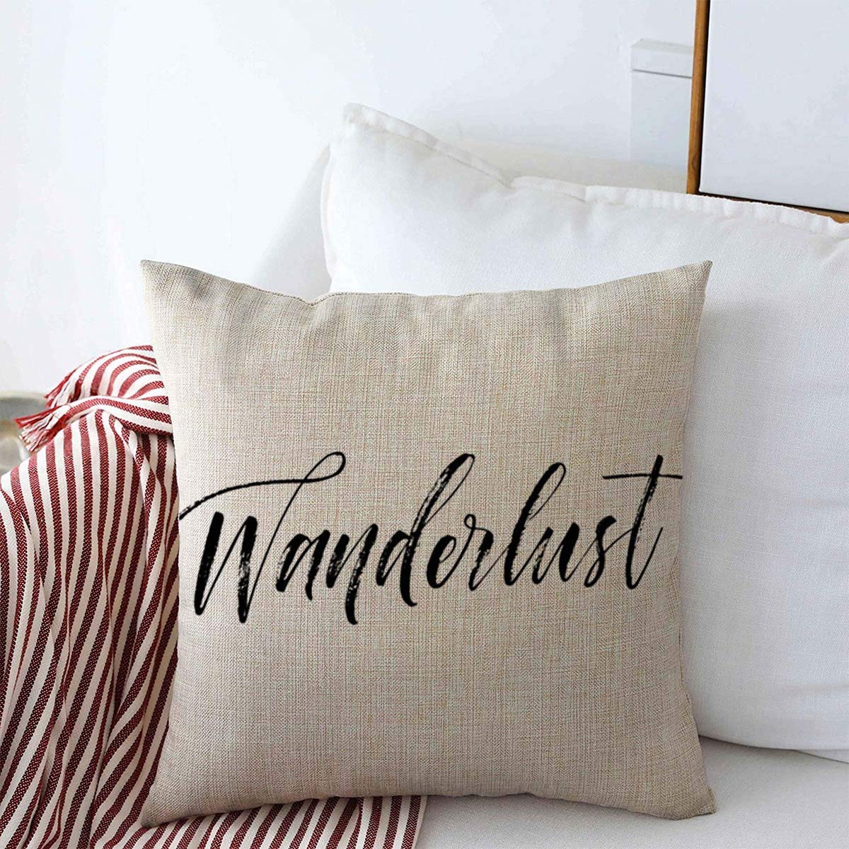 Starolal Throw Pillows Cover 16 x 16 Inches Text Wanderlust Phrase Script Ink Abstract Adventure Word Artistic Brush Handwritten Camp Extreme Cushion Case Cotton Linen for Fall Home Decor