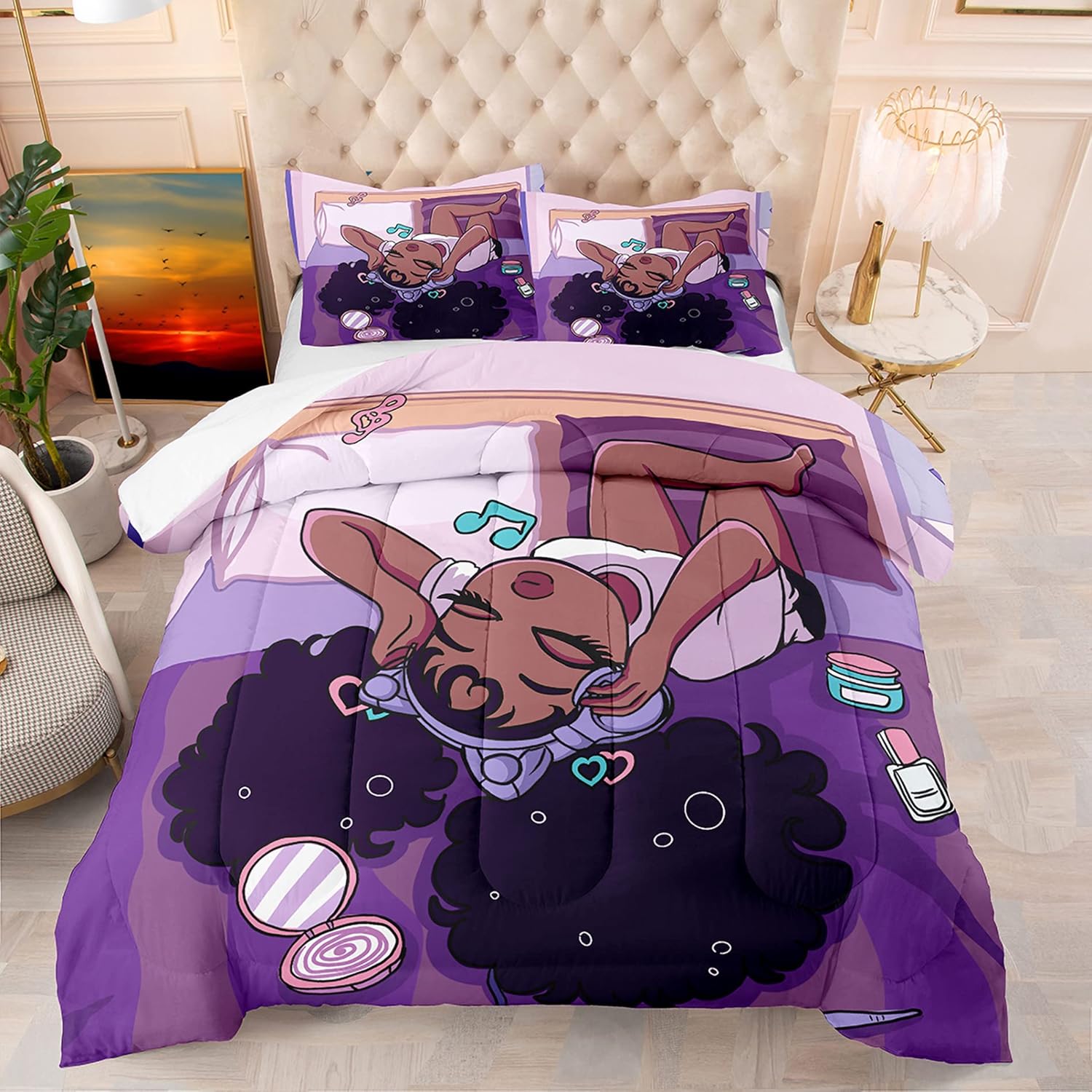 African American Black Girl Comforter Set Twin Size, Black Girls Magic Duvet for Kawaii Bedroom Decor, Girl Love Music Purple Bedding Set with 1 Comforter +1 Pillowcase - Image 2