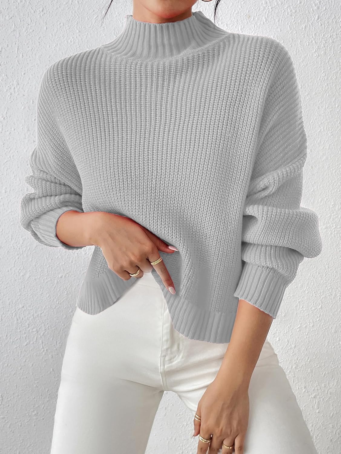 SunnyMelody Womens Cropped Turtleneck Sweater Fall Winter Spring 2025 Trendy Cute Mock Turtle Neck Cozy Soft Ribbed Knit Lightweight Long Sleeve Crop Knitted Pullover Sweaters Jumper Grey XS - Image 4