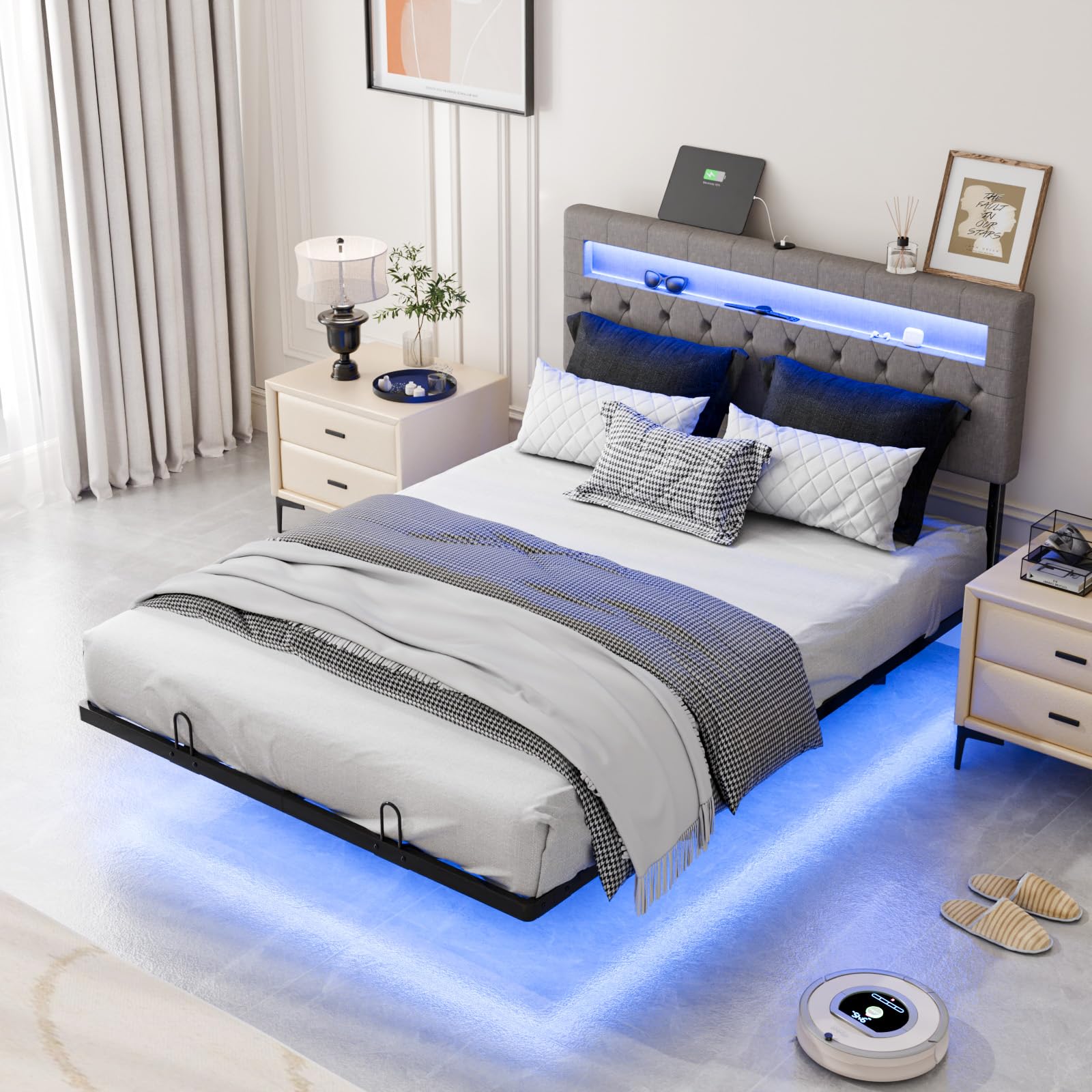 Bonnlo 4ft6 Floating Double Bed Frame with LED Lights & Upholstered Storage Headboard,Upholstered Bed Frame-Charging Station,Under Bed Storage/Mattress Foundation/Metal Slat Support/Noise Free,135x190