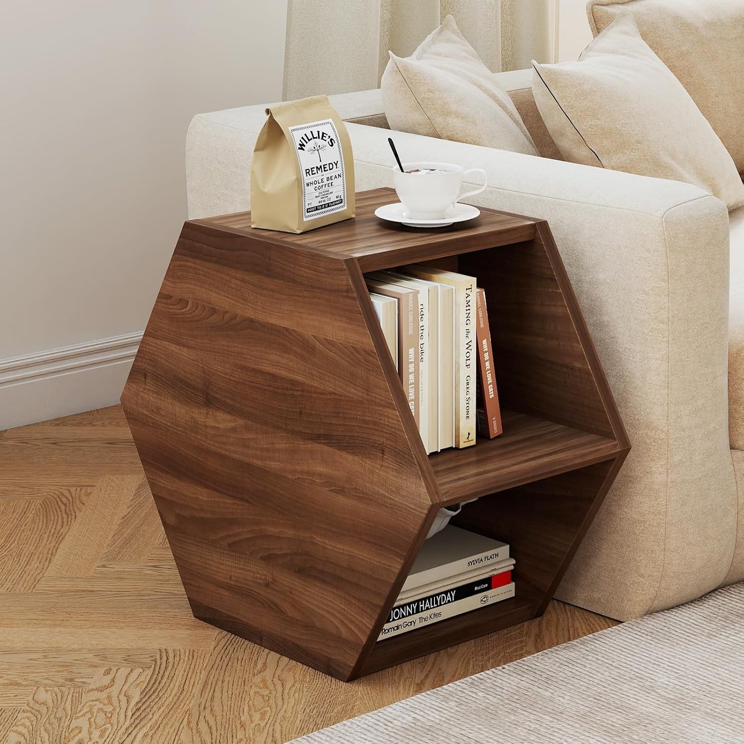 Funecy Hexagonal Simple Coffee Table with Open Shelves, Multifunctional End Tables, Combination Side Tables, Storage Bedside Tables,for Living Rooms and Bedrooms（Walnut ）