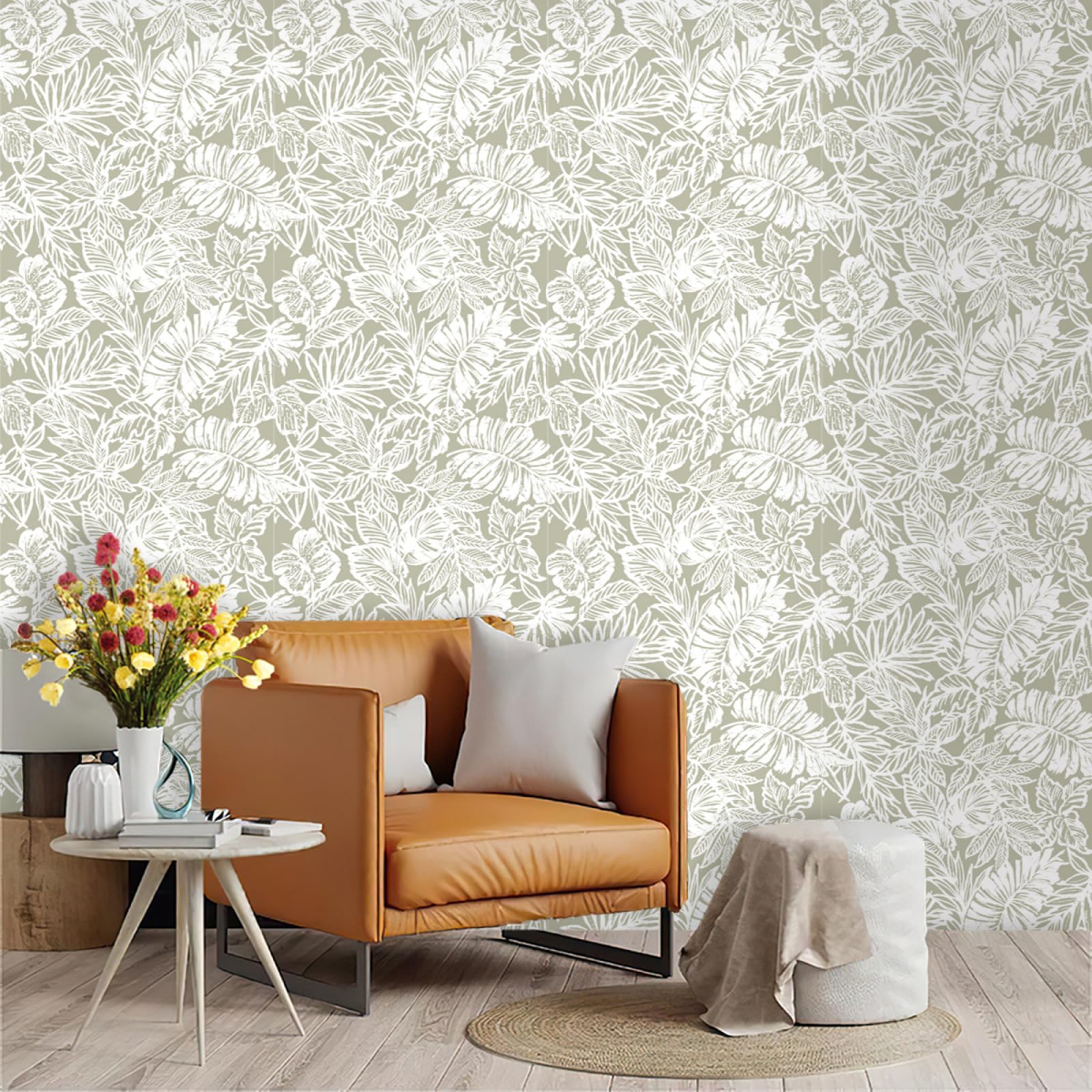 Zahhyg White Wallpaper Leaves Peel And Stick Self Adhesive Wallpaper For Living Room Waterproof Vinyl, Art Deco Thicken Sticky Back Plastic Removable