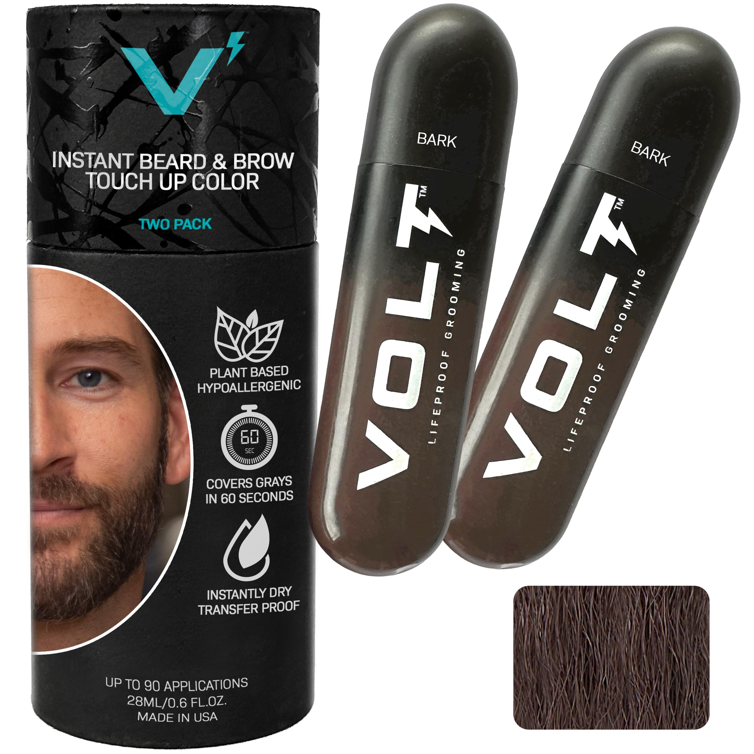 VOLT Grooming Temporary Instant Beard Color ECO 2 Pack Refill - Quick Drying Plant Based Hypoallergenic Brush on Color for Beards, Mustaches, and Eyebrows, Bark (Dark Brown)
