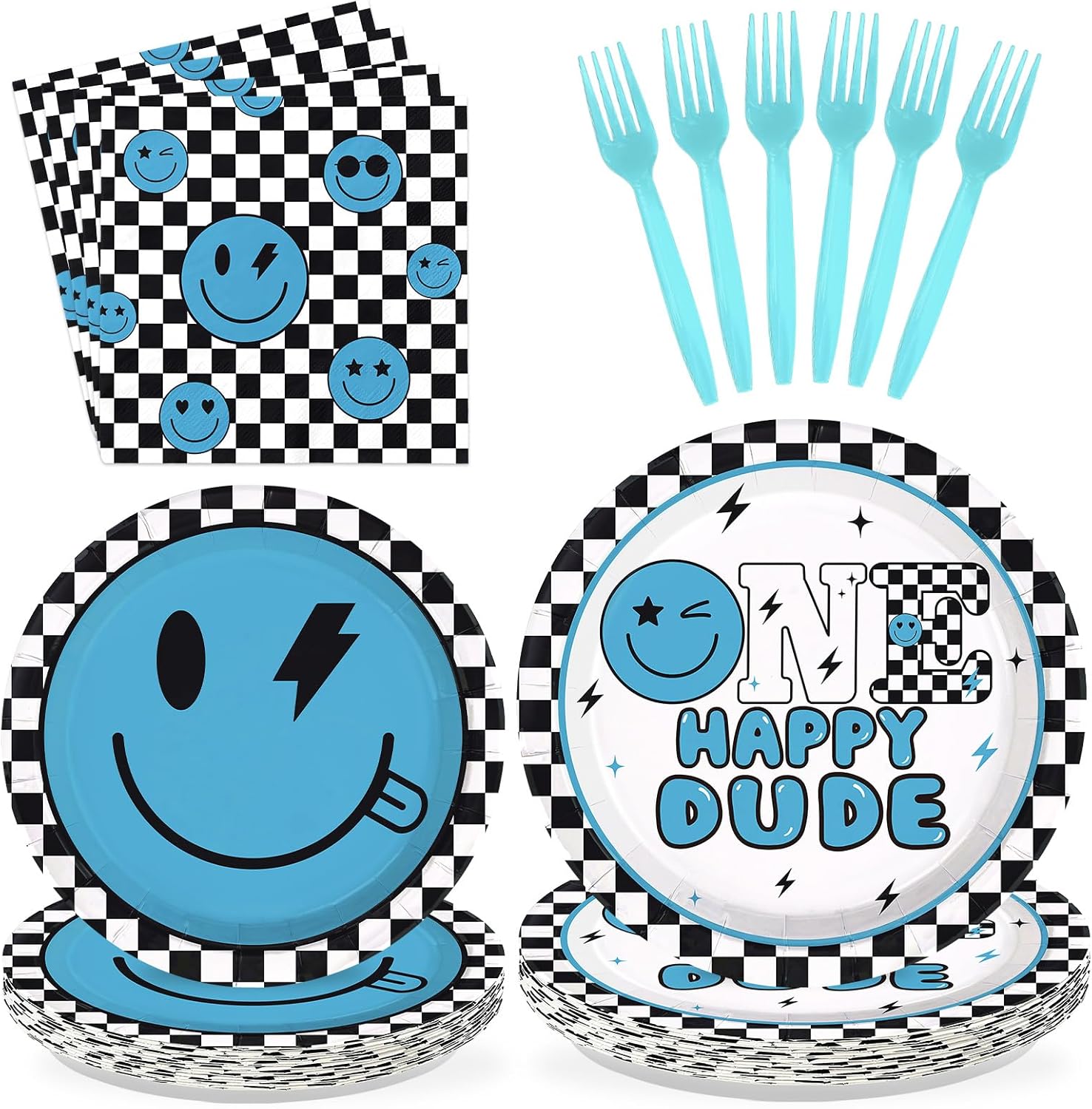 96Pcs One Happy Dude 1st Birthday Party Decoration Blue Smile Face Plates and Napkins Black White Plaid Disposable Paper Tableware Set for 1st Birthday Baby Shower Party Supplies Serves 24