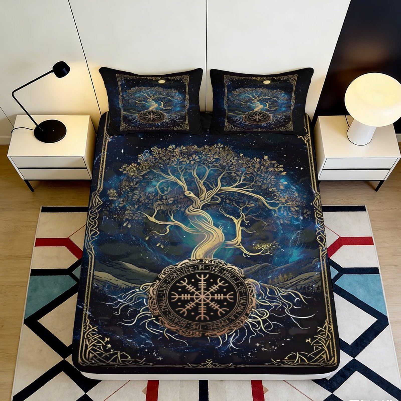 3D Printed Tree of Life Fitted Sheet Microfiber Artistic Blue Roots Compass Bed Cover for Bedroom Guest Room Decor 90x200x25cm