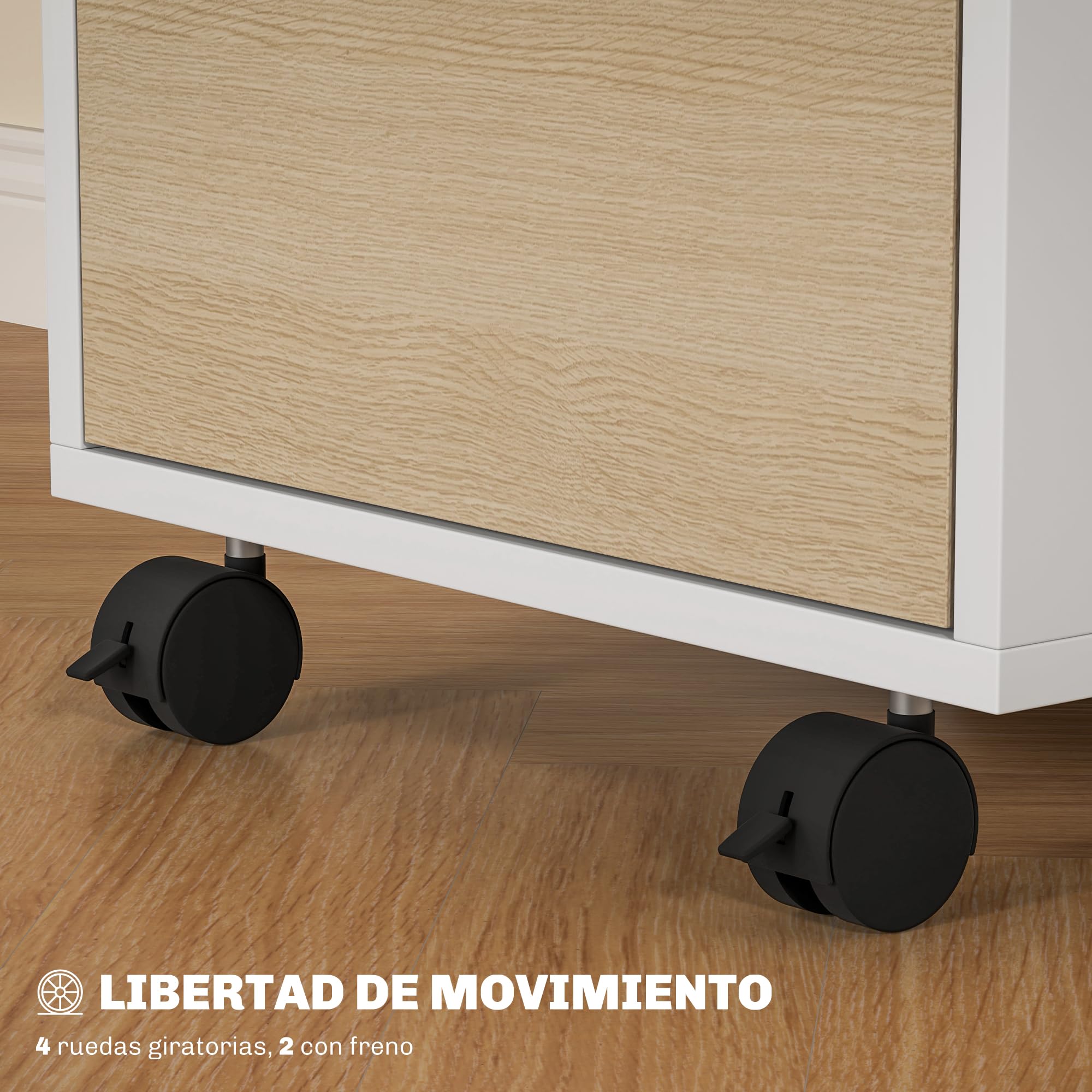 HOMCOM Cassettiera per ufficio su ruote 3 cassetti con serratura e 2 chiavi per sala studio 40x40x63,5 cm Bianco e rovere