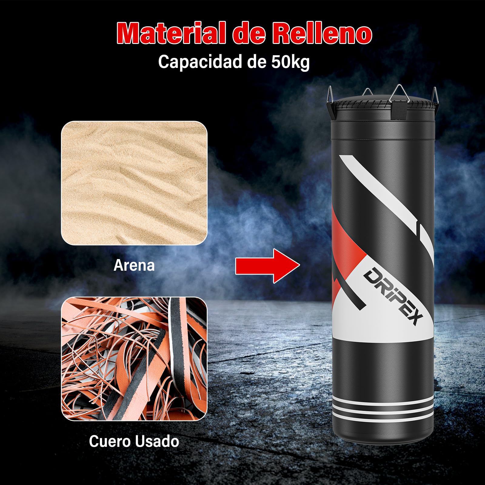 Dripex Saco de Boxeo Colgante para Adultos, Equipo de Entrenamiento de Saco Boxeo con 12oz Guantes, Cadena de Acero Giratoria de 360° para Kárate Kickboxing Muay Gimnasio en Casa