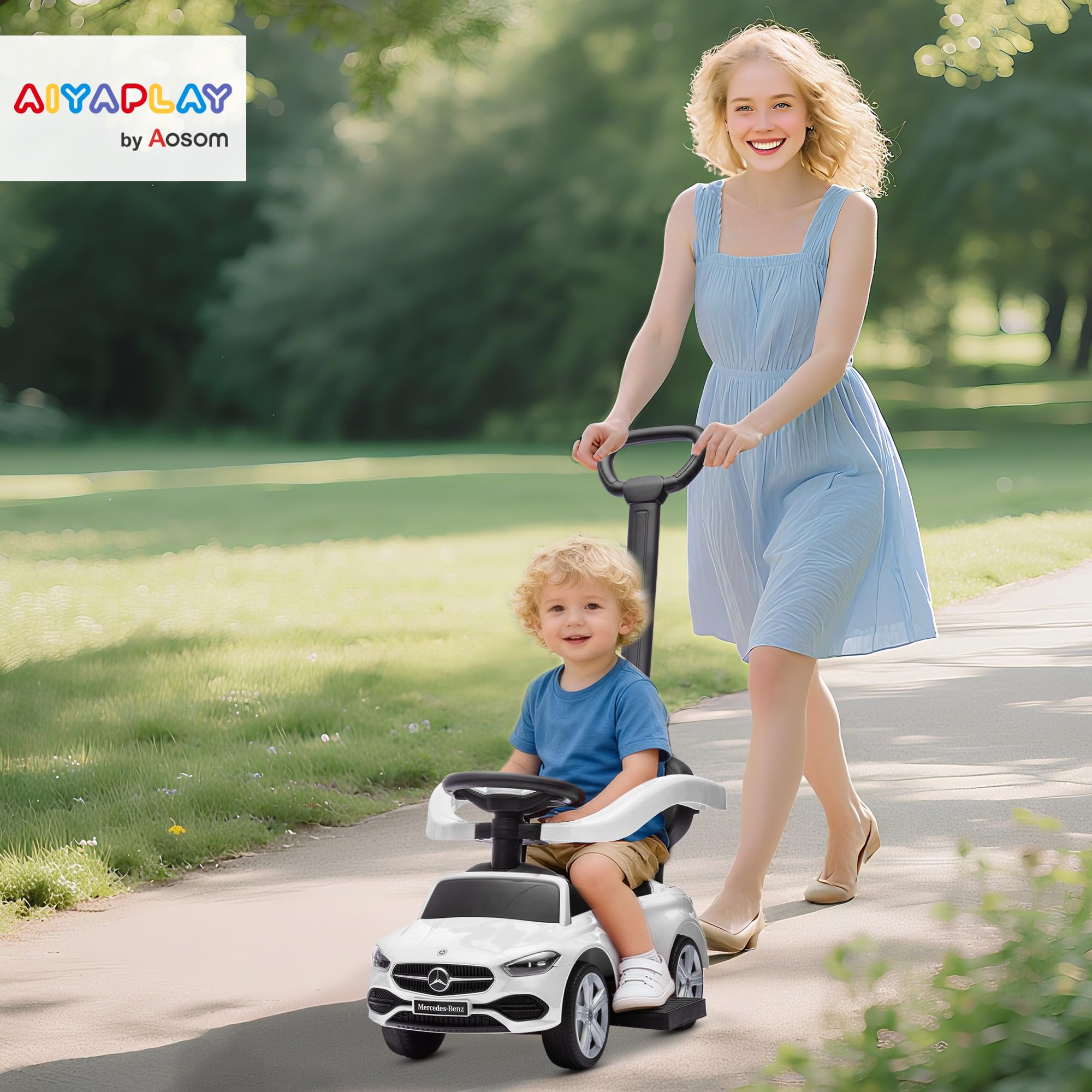 AIYAPLAY Macchina Primi Passi Cavalcabile per Bambini 1-3 Anni Convertibile in Passeggino con Maniglione, Barriera a 360° e Volante, Auto Cavalcabile in PP e Acciaio, 91x40x83 cm, Bianco
