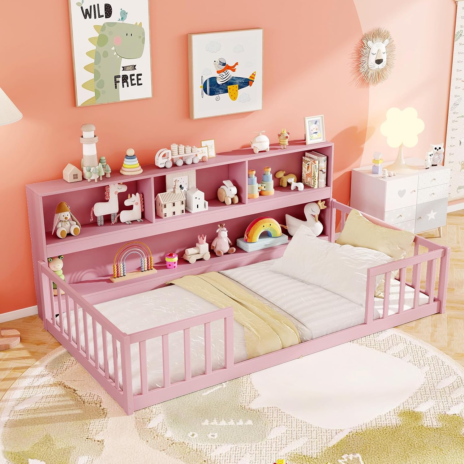 KOMFOTT Twin Floor Bed with Bookcase & LED Light, Wood Bed Frame with Bedside Bookshelves & Guardrails, Versatile 2-in-1 Montessori Floor Bed for Kids (Twin with Led Light,Grey)