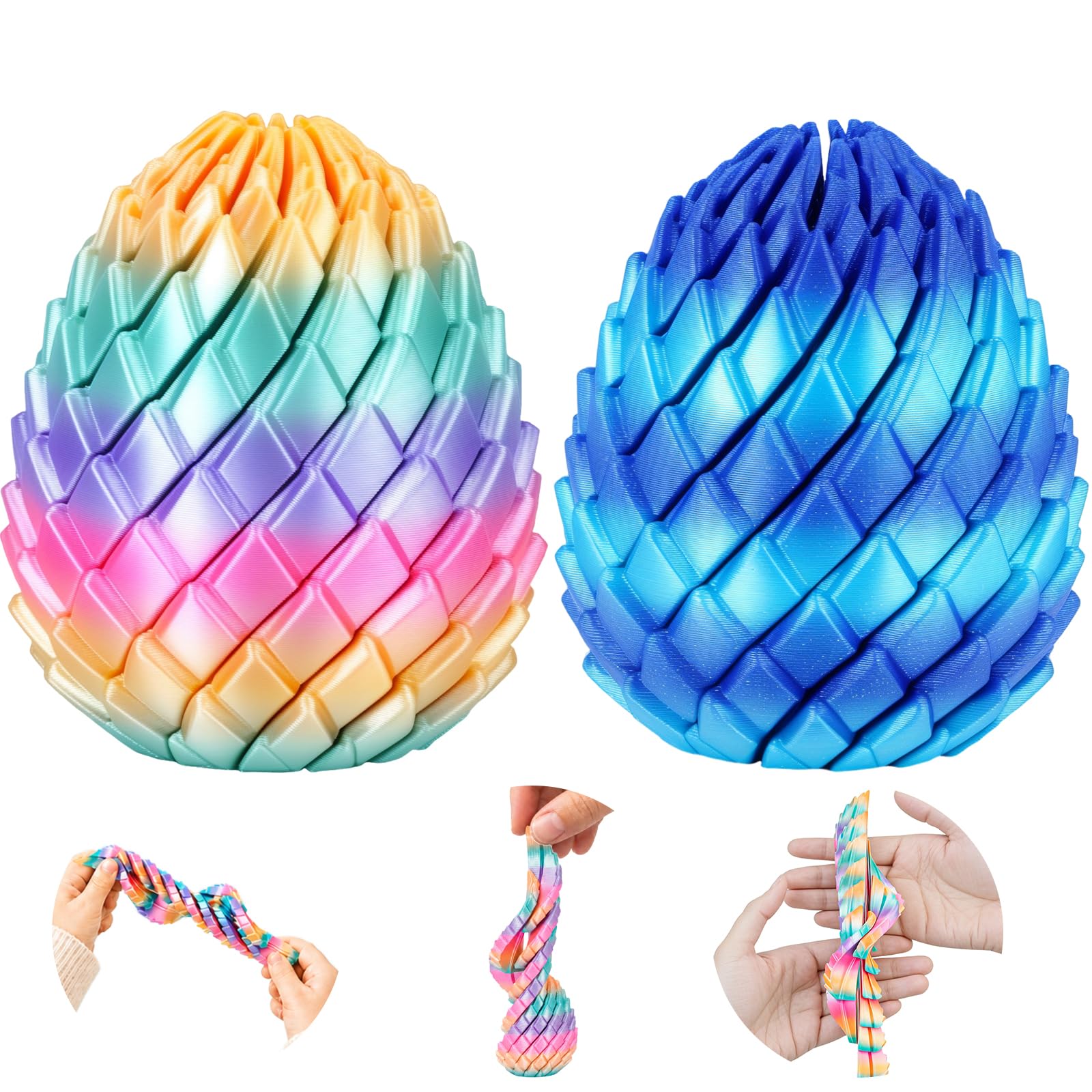 2PCS Twisty Fidget Dragon Egg 3D Printed Sensory Fidget Toys for Kids Teens Adults Spiral Desk Toys Stress Relief Gifts Easter Basket Back to School Christmas Stocking Fillers (Rainbow+Sea Blue)
