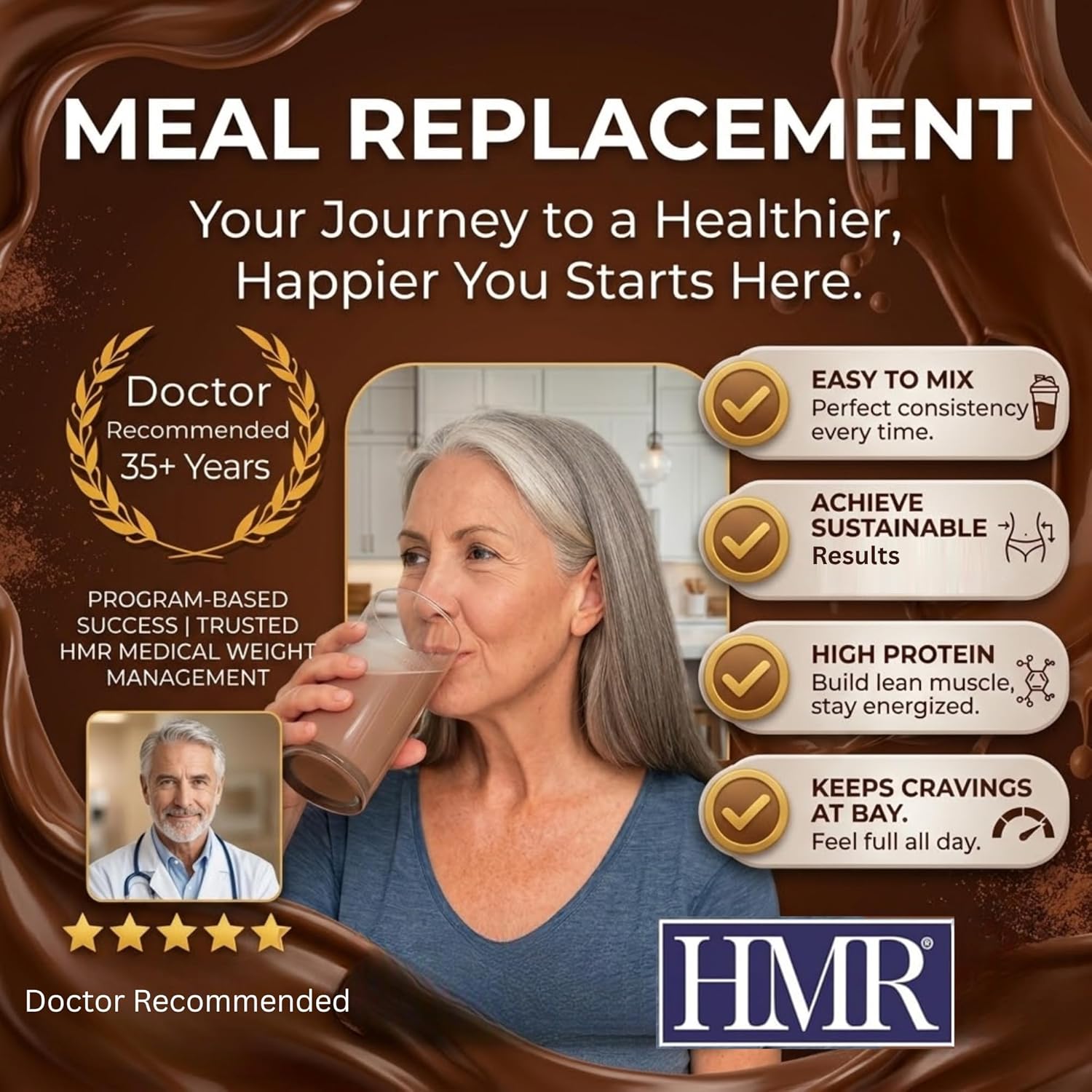 HMR 70 Plus Chocolate Shake & Pudding Mix | Meal Replacement Powder | Lactose-Free | 15g Protein | Easy to Make | Low Calorie (7.35 Ounce (Pack of 3), Chocolate)